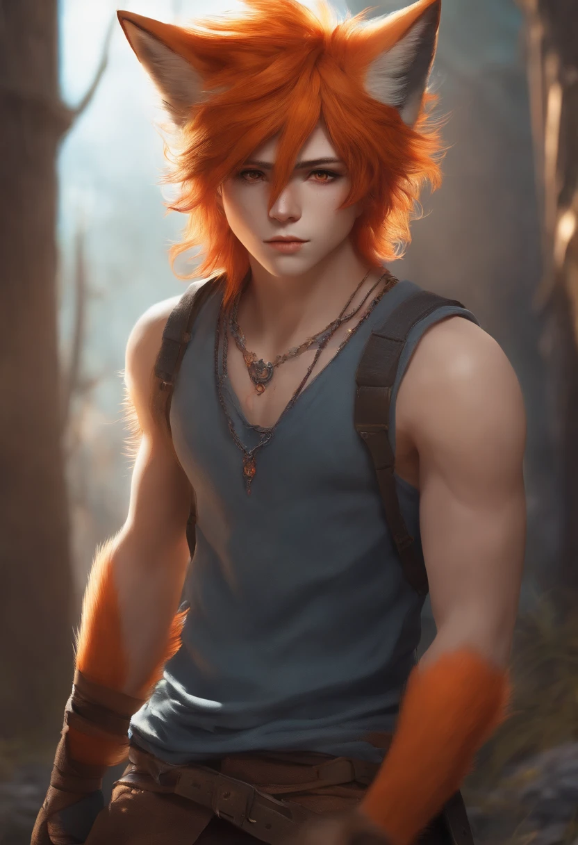 Human fox boy , orange hair , orange eyes , grey broken tank top , short blue pants, orange fox tail, cuts and wound all over the body, metall ring around the neck