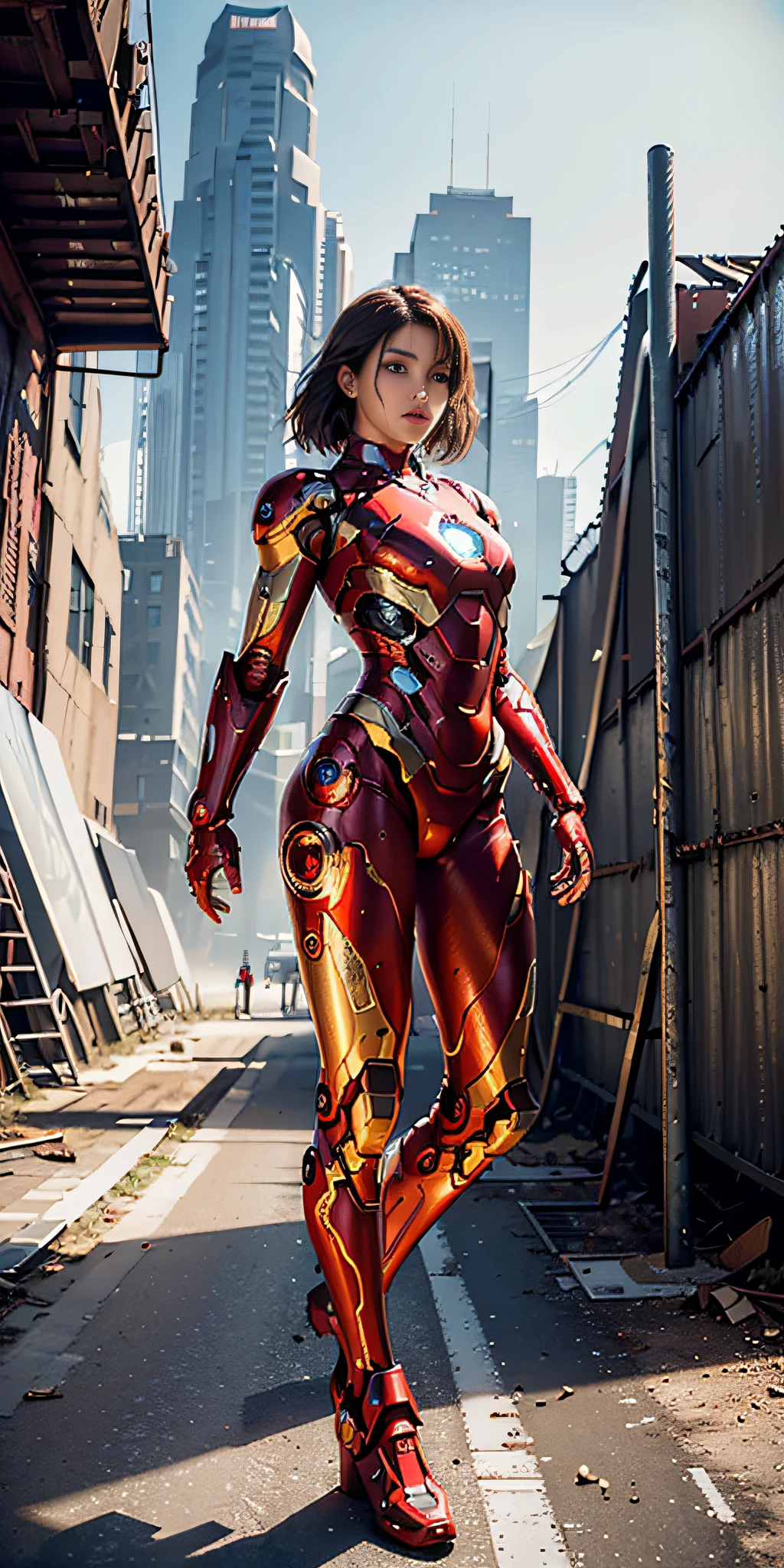 RAW, Masterpiece, Ultra Fine Photo,, Best Quality, Ultra High Resolution, Photorealistic, Sunlight, Full Body Portrait, Stunningly Beautiful,, Dynamic Poses, Delicate Face, Vibrant Eyes, (Side View) , she is wearing a futuristic Iron Man mech, red and gold color scheme, highly detailed abandoned warehouse background, detailed face, detailed and complex busy background, messy, gorgeous, milky white, high detailed skin, realistic skin details, visible pores , sharp focus, volumetric fog, 8k uhd, dslr camera, high quality, film grain, fair skin, photorealism, lomography, sprawling metropolis in futuristic dystopia, view from below, translucent