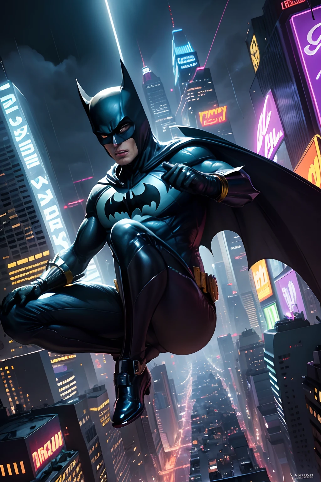 Adam West in the campy 60s Batman TV show,(best quality,4k,8k,highres,masterpiece:1.2),ultra-detailed,(realistic,photorealistic,photo-realistic:1.37),vibrant colors,dynamic lighting,cheesy comic book style,action-packed scenes,Batmobile zooming through the city,elaborate costumes,vividly painted backdrops,groovy sound effects,pop art aesthetic,fighting crime with witty one-liners,over-the-top villains,alluring Batman,quirky gadgets,frozen-in-mid-air fight sequences,cityscape with glowing neon signs,nighttime skyline with the Bat-signal shining brightly,rain-soaked Gotham streets,bang!,pow!,zap!