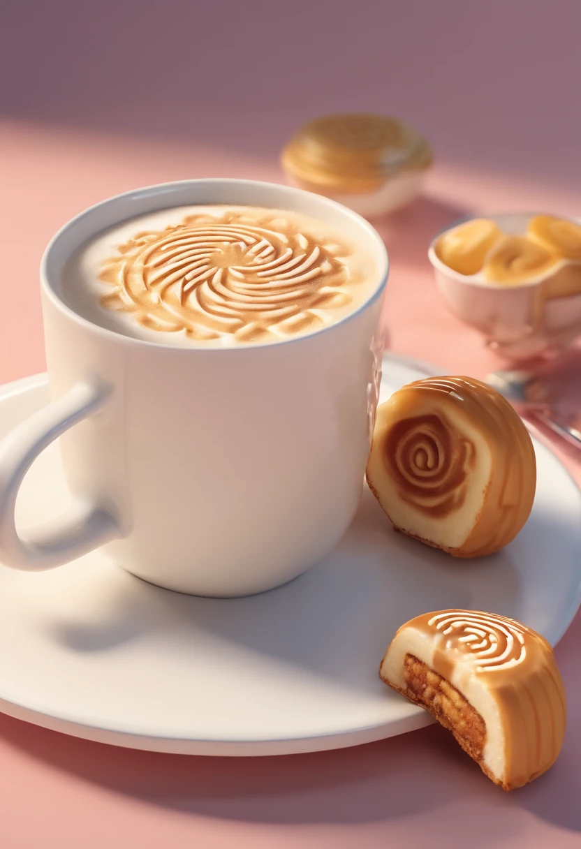 masterpiece:1.3, Photorealsitic, 8K, Creative Latte Art, Latte in big white mug, side with a picture of 2 miniature mooncakes,, one old camera, Perspective from above, back light, warm color, single focus
