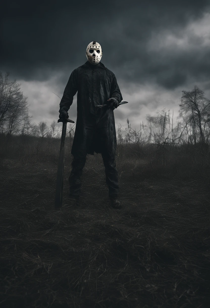 Jason Voorhees standing in a field with a machete staring at the camera in the background a very old big house dramatic sky depth field 1.5 ultra realistic well detailed 8k intricate high resolution highly realistic detailed sharp focus great sharpness horror movie scene ldsr effect chromatic aberration lens 50 mm aperture f 1.8 Dark Sinister Great Light Grande Composição