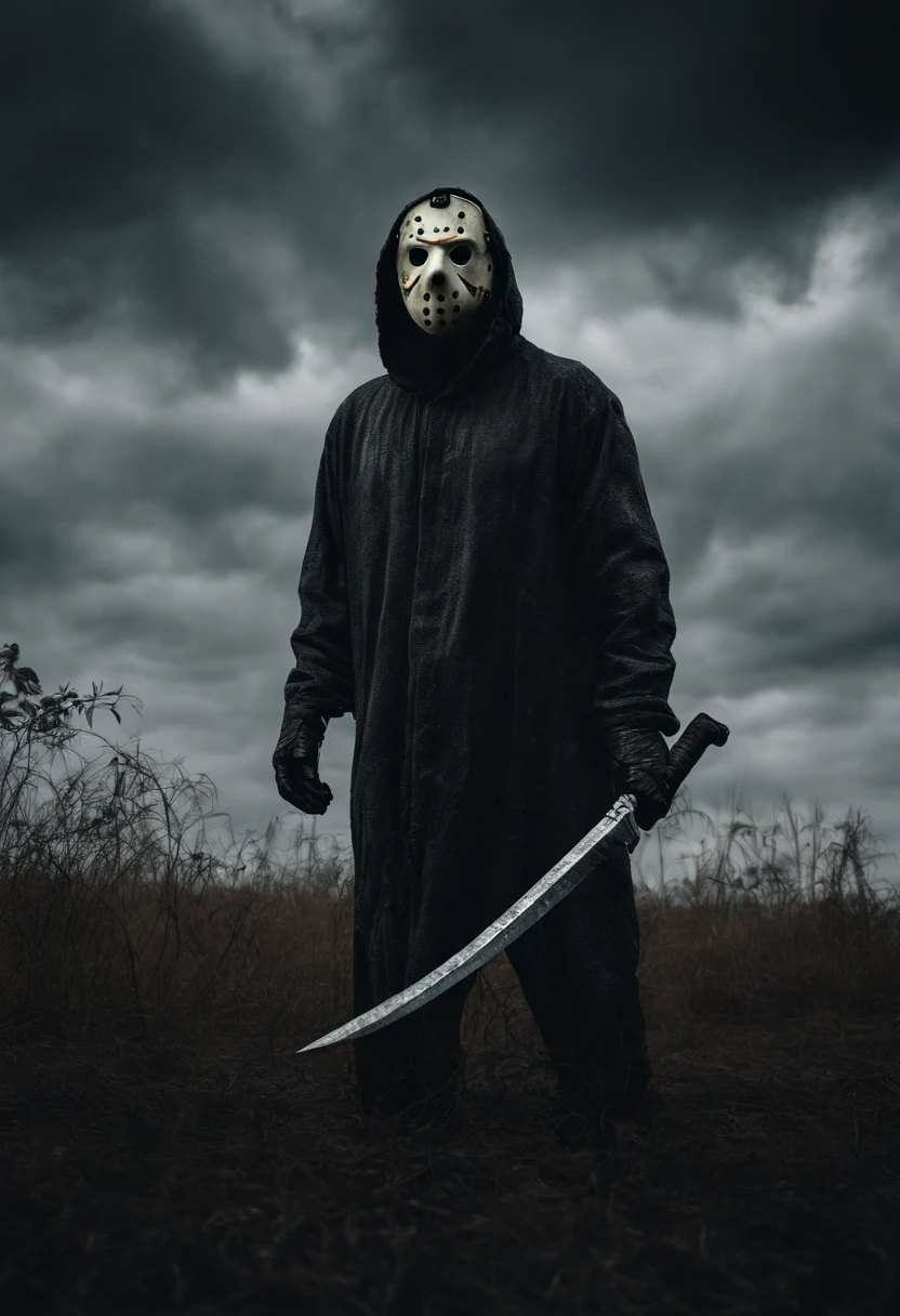 Jason Voorhees standing in a field with a machete staring at the camera in the background a very old big house dramatic sky depth field 1.5 ultra realistic well detailed 8k intricate high resolution highly realistic detailed sharp focus great sharpness horror movie scene ldsr effect chromatic aberration lens 50 mm aperture f 1.8 Dark Sinister Great Light Grande Composição