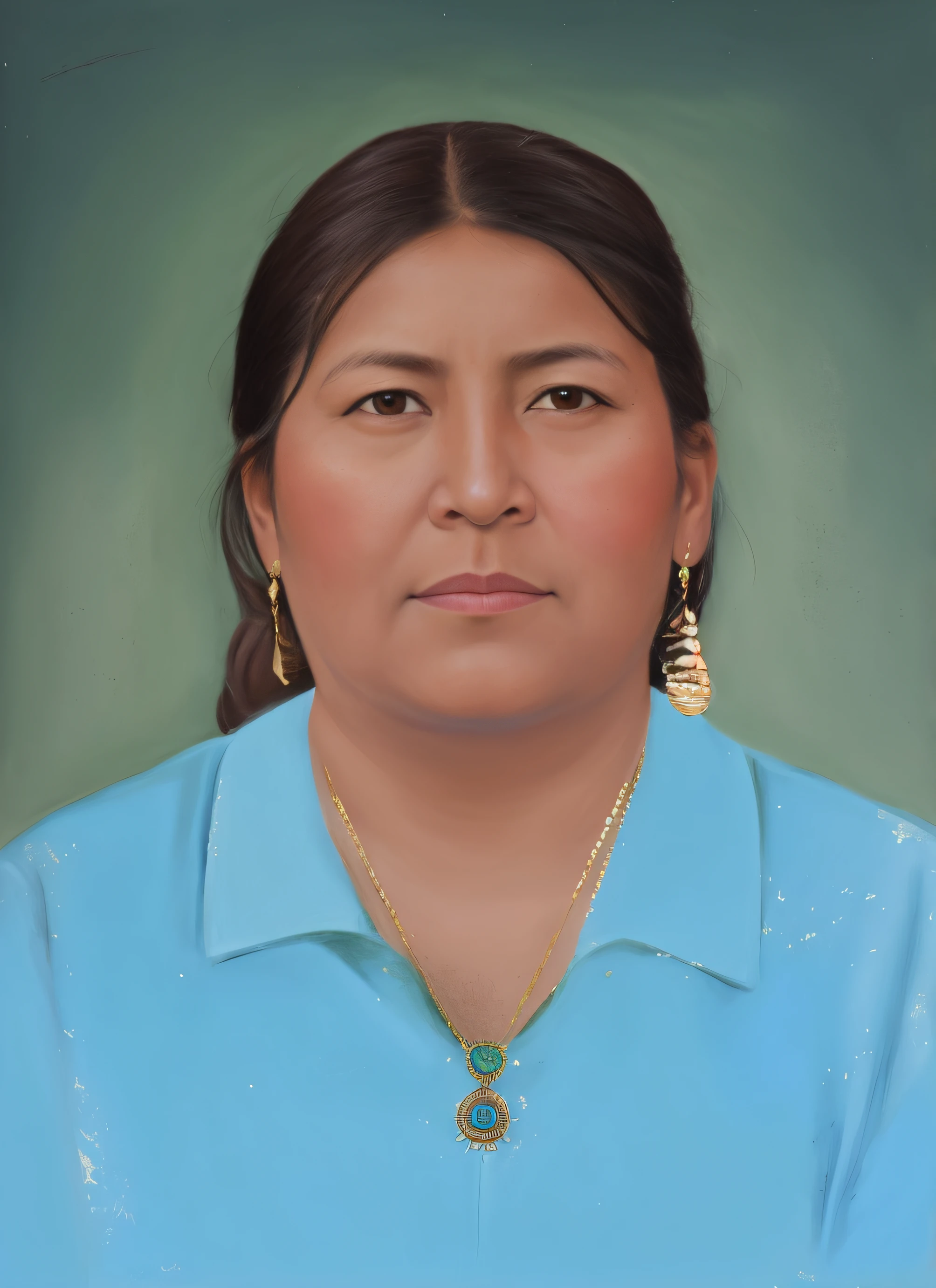 Arafed Mujer con camisa azul y collar de oro y aretes, Foto de una mujer, pilar, Cholitas bolivianas, Retrato de Lumastina Celerraria, Retrato de perfil, Maya realista, Retrato de Morana, Retrato en color, Retrato de mujer, Retrato detallado en color, in the art style of quetzecoatl, Retrato de cara completa, Retrato de estudio en color