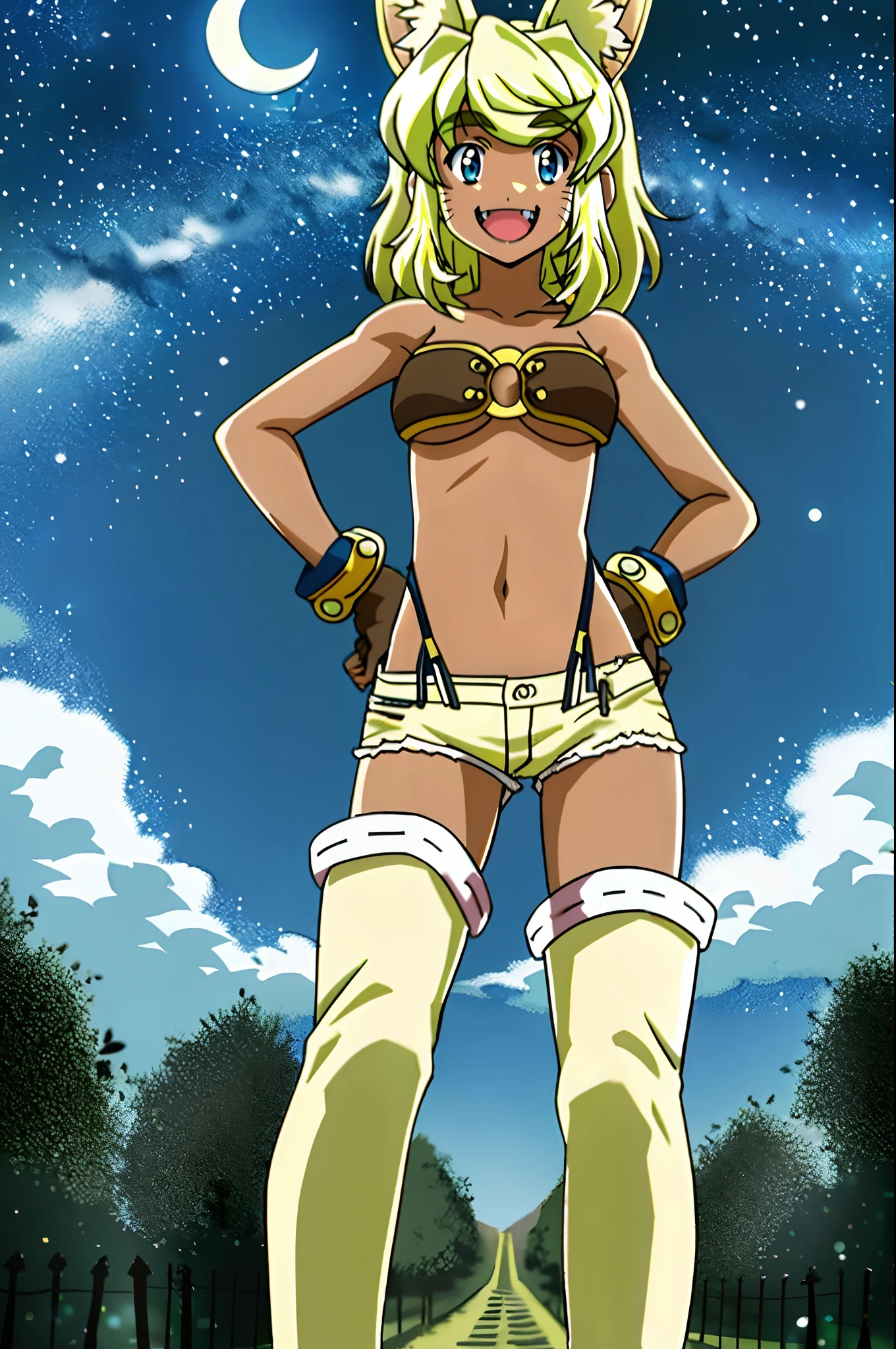 liru, 1girl, beltbra, shorts, denim_shorts, denim, thighhighs, underboob, breasts, gloves, night, hands_on_hips, sky, furry, short_shorts, navel, midriff, fingerless_gloves, from_below, night_sky, smile, grey_shorts, star_(sky), moon, cutoffs, outdoors, boots, thigh_boots, underwear, panties, starry_sky, blue_shorts, body_fur, standing, full body, smiling, open mouth, boots, full body, walking