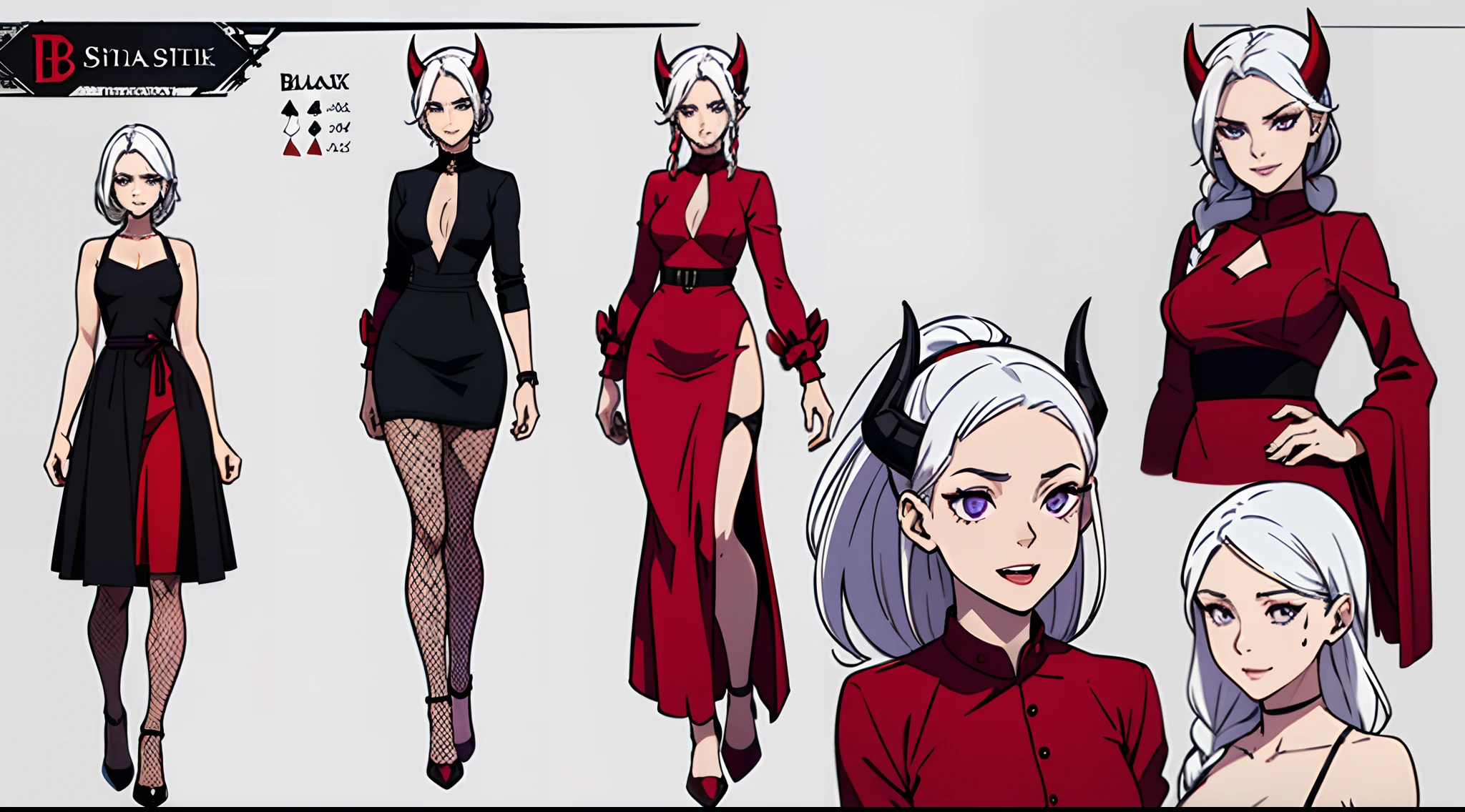 (Masterpiece, best quality), detailed, character sheet, many items (the same person, black demon horns, long skinny red dress, sexy fishnet stockings, black stiletto shoes, many parts), detailed beautiful purple eyes, detailed face, evil smile, shark teeth, small boobs, B cup, white hair and white skin, braided ponytail, full of details.