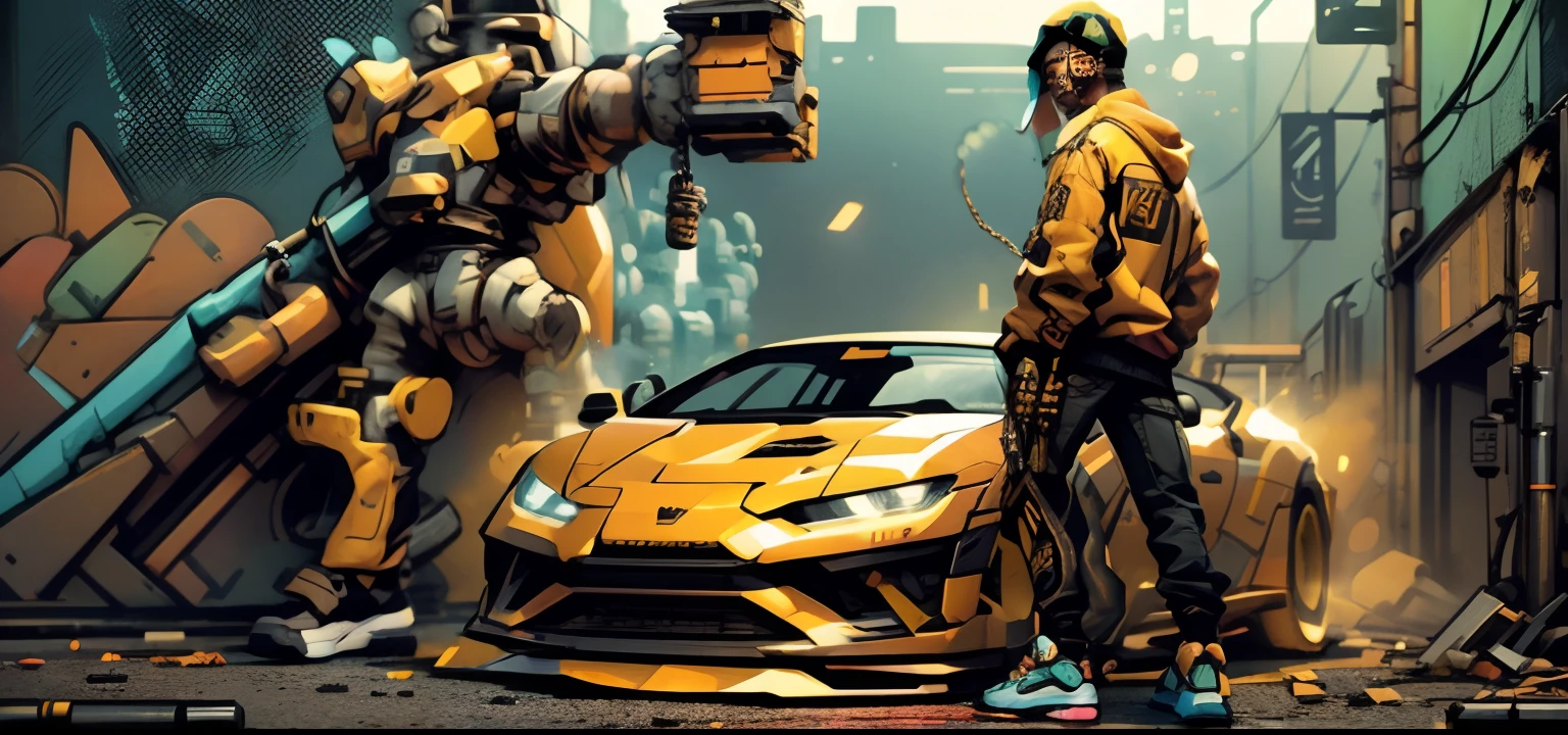 A photorealistic urban scene of a young man with a tough expression standing on a grimy inner city street next to a customized lowrider bouncing on hydraulic pumps. The man has edgy streetwear fashion - baggy jeans, chains, snapback cap, sneakers - and a glowing holographic wrist computer. Graffiti tags and vibrant murals cover the brick walls behind him. To his other side stands a humanoid robot wearing oversized gold chains, with a bionic infrastructure visible underneath its parts and wires wrapped in caution tape. A pulsing hip hop beat drives the scene's energy. Overhead drone footage captures the duo from dynamic angles with cinematic lighting. Every detail pops in hyperrealistic clarity - rusted fire escapes, broken bottles on the ground, the daily hustle of the streets. The cyberpunk vibe mixes seamlessly with hip hop culture for a unique take on sci-fi.