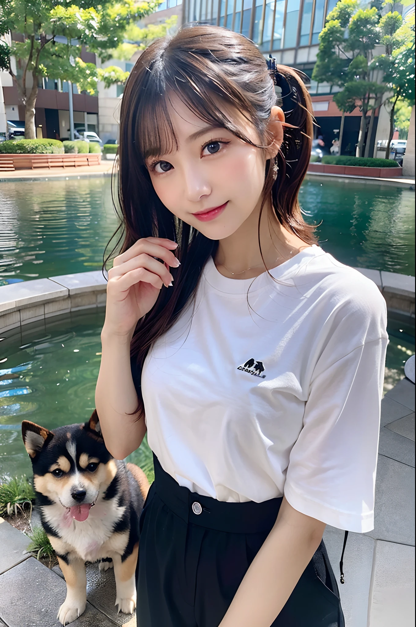 Flowing with crystal clear water,beautiful mountain in background々,(Girl taking a walk with a puppy:1.3),(Shiba dog:1.3),Have a lead,Very Big White T-Shirt,Cargo pants, gently smiling、(beautiful a girl)、(short hair of red-brown color、hair pin、poneyTail、Floating hair、)Colossal tits、A smile that beguiles the viewer、Look into the photographer、skin glistening with sweat、gazing at viewer,pointed red mouth,Perfect round face,,Proper body proportion,Intricate details,Very delicate and beautiful hair,photos realistic,Dreamy,Professional Lighting,realistic shadow,Beautiful hands,Beautiful fingers,Detailed finger features,Detailed arm functions,detailed clothes features,Detailed hair features,detailed facial features,(masutepiece,top-quality,Ultra-high resolution output image,) ,(The 8k quality,),(Image Mode Ultra HD,)