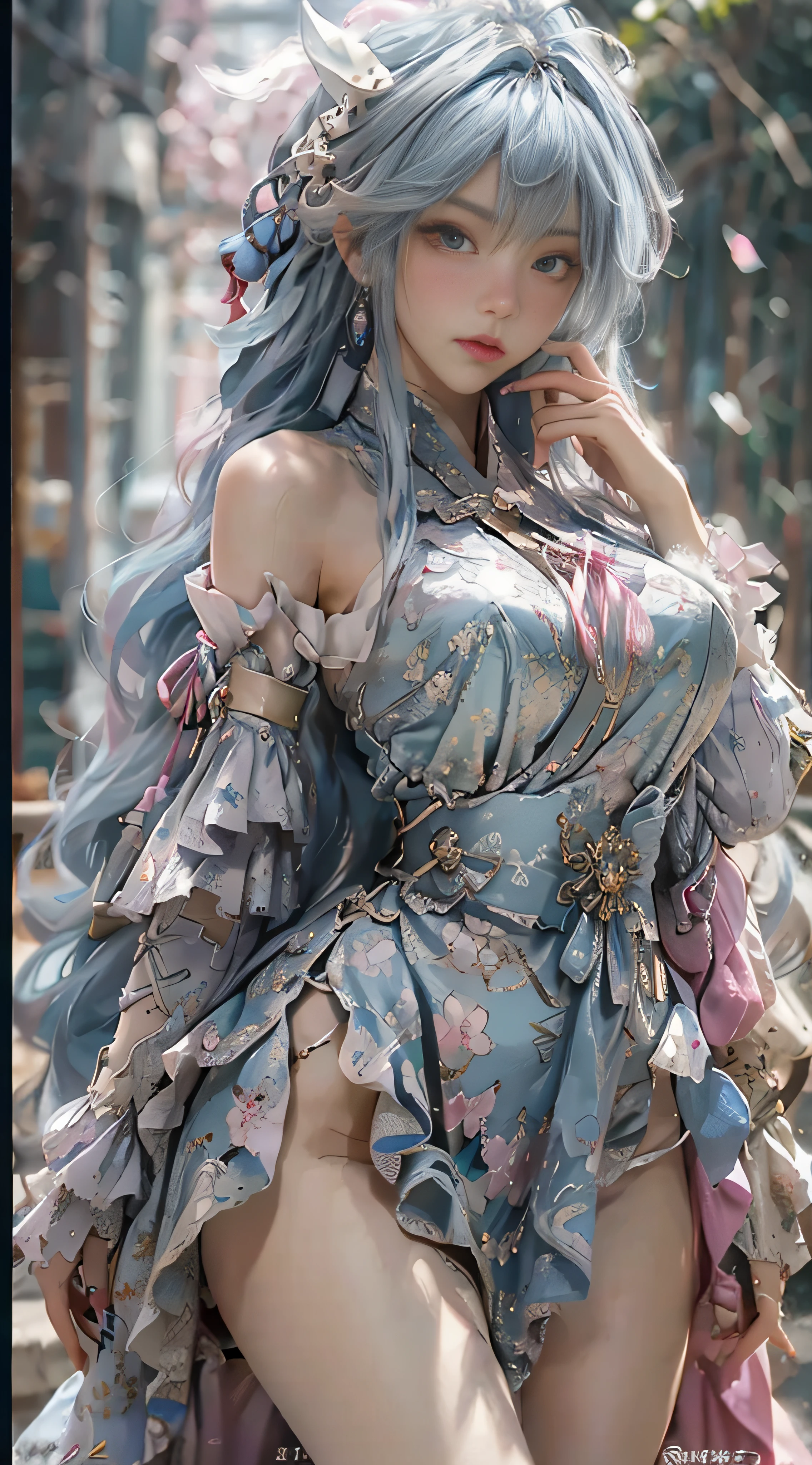 (photorealistic:1.8, highest quality:1.8,8K masterpiece:1.8,High resolution,muste piece:1.8,RAW Photos,cinematic lighting,red and purple dream colors),one goddess、(light pink leotard、mini skirt、choker、knee high tights、loafer shoes), (beautiful and detailed blue eyes:1.7,double eyelid:1.6,Beautiful skin with glowing details:1.2),(whole body,Seen from behind:1.5), ( midium Hair:1.2,Beautiful shining blue-white hair:1.5), expression(Sly Smile:1.3,face turns red:1.3),(Moderate chest:1.3), Pause(challenge by pointing your butt,Seductive pose:1.5), background(Bright forest with blooming flowers),Nipples are visible through the costume、anatomically correct,correct move:1.5,correct foot:1.5,4 fingers and 1 thumb in correct proportions,(cameltoe),No split screen,slender abs:1.2,(Young sensual gravure idol)