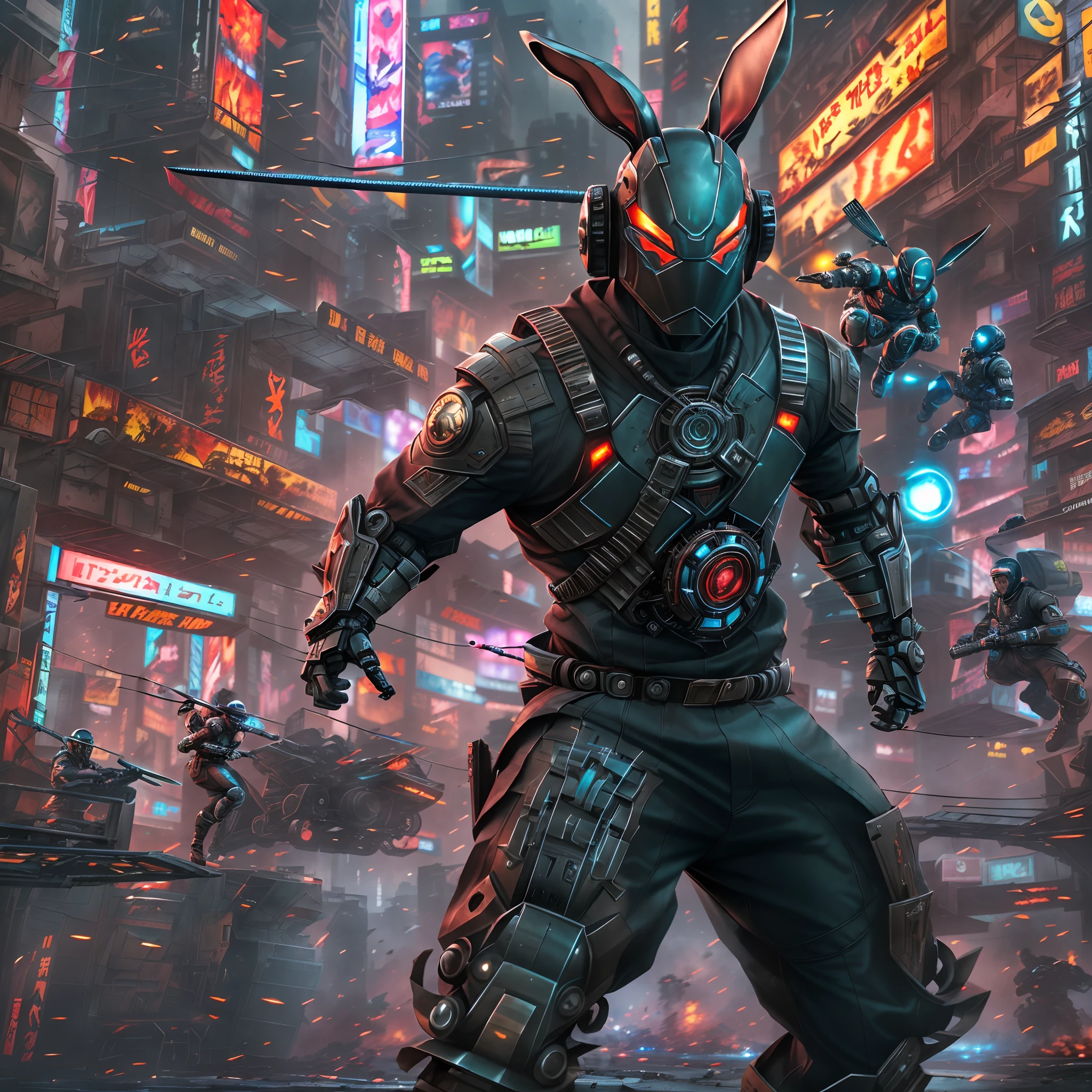 a furious rabbit, half animal half cyborg, with a katana in hand, mercenary, cyberpunk scenery, chaotic city, rain, wet sidewalks and streets, futuristic clothes, tokio, led lights, --auto --s2