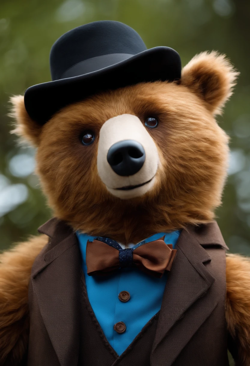 Animatronic bear brown blue eyes black hat black bowtie singing