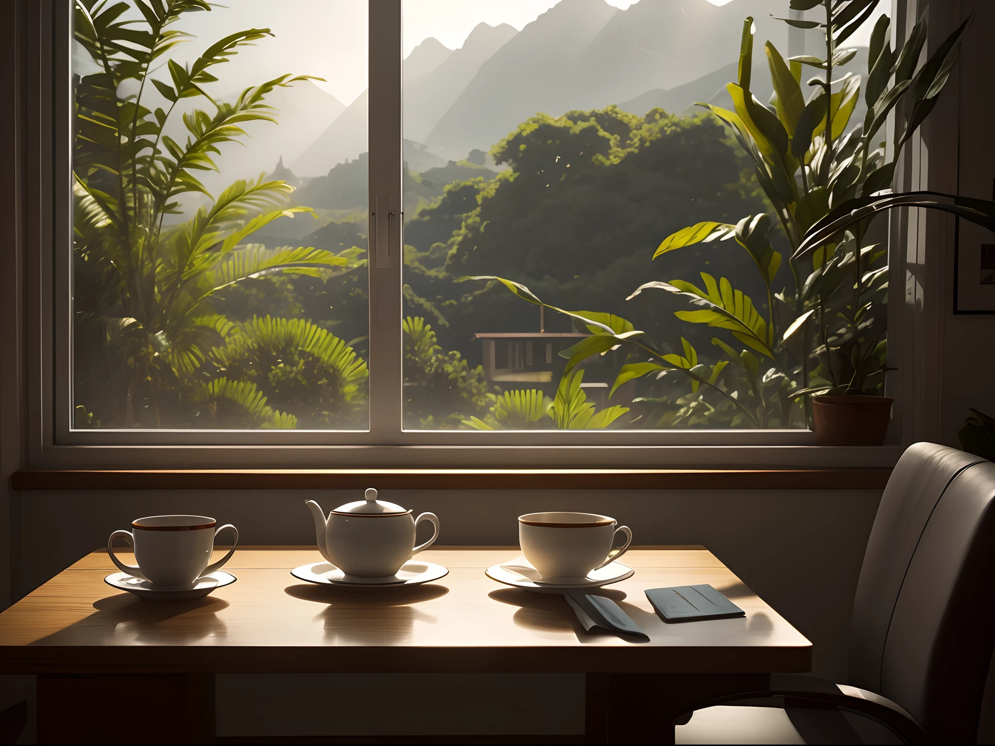 A cup of tea on an office table with a window in the background, cinematic scene, luz perfecta, beautiful composition, realista, vegetation