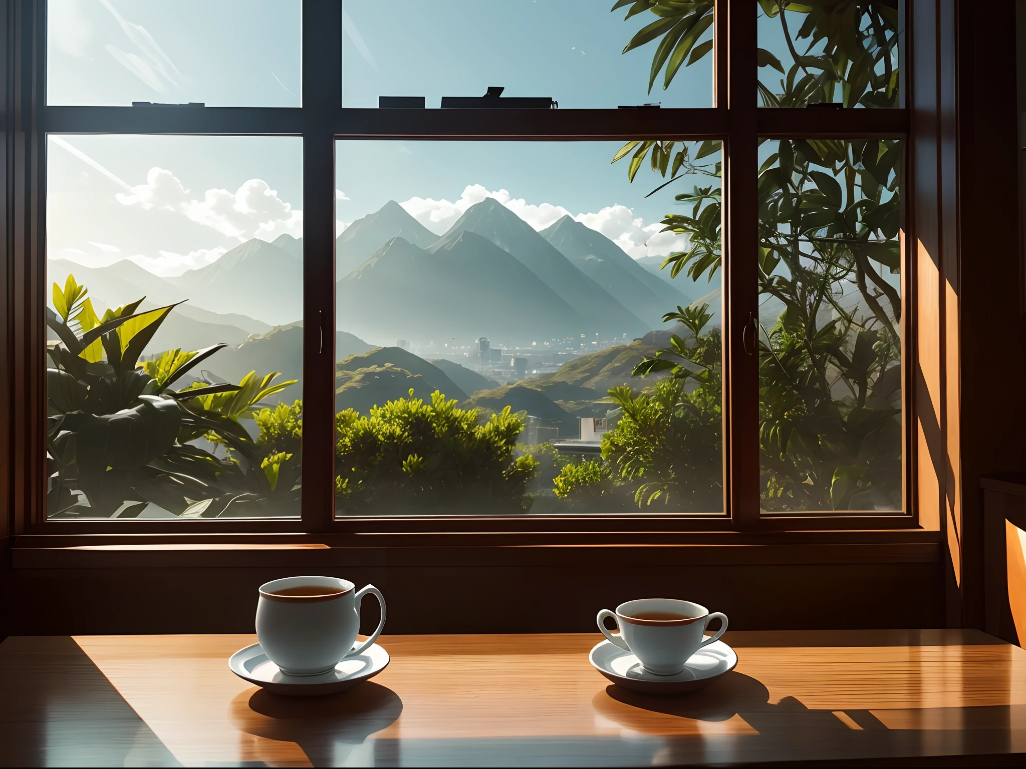 A cup of tea on an office table with a window in the background, cinematic scene, luz perfecta, beautiful composition, realista, vegetation