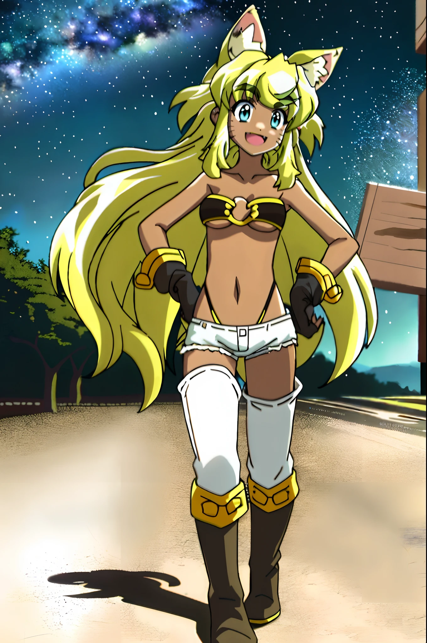 liru, 1girl, beltbra, shorts, denim_shorts, denim, thighhighs, underboob, breasts, gloves, night, hands_on_hips, sky, furry, short_shorts, navel, midriff, fingerless_gloves, from_below, night_sky, smile, grey_shorts, star_(sky), moon, cutoffs, outdoors, boots, thigh_boots, underwear, panties, starry_sky, blue_shorts, body_fur, standing, full body, smiling, open mouth, boots, full body, walking