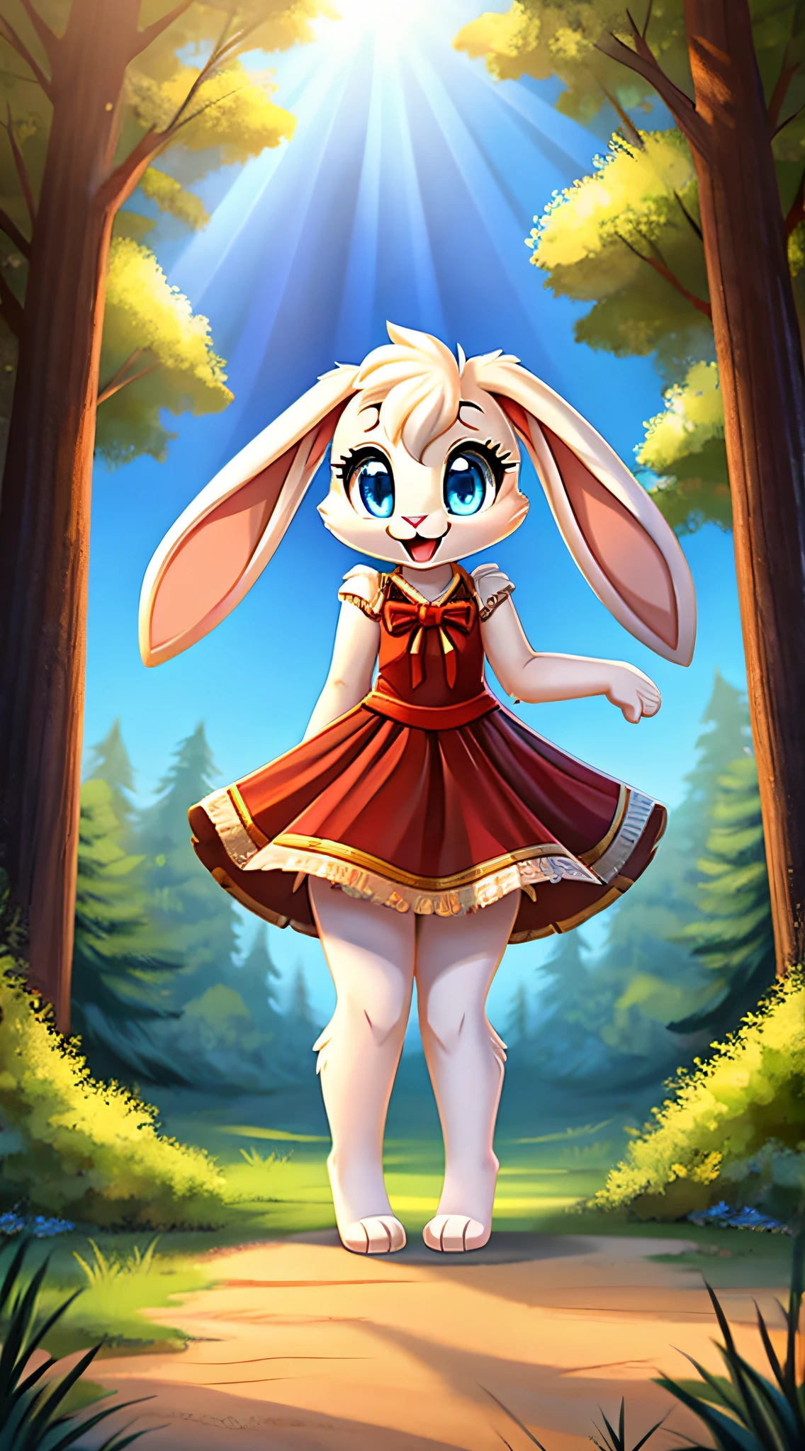 fantasy style art, cute, adorable, a short adorable little fluffy female white bunny with blue eyes, 4 ears, 2 extra ears, big floppy ears, ears perked up, long ears, raised ears, long eyelashes, poofy rabbit tail, wearing a frilly red ribbon dress, smiling, standing in a thick forest, big expressive smile, happy to see you, open mouth, wide eyes, excited eyes, excited face, stunning visuals, sunlight coming through the trees, digital illustration