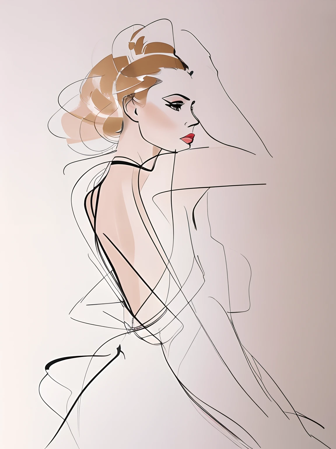 David downton fashion illustration, woman lineart drawing, elegant, pastel color