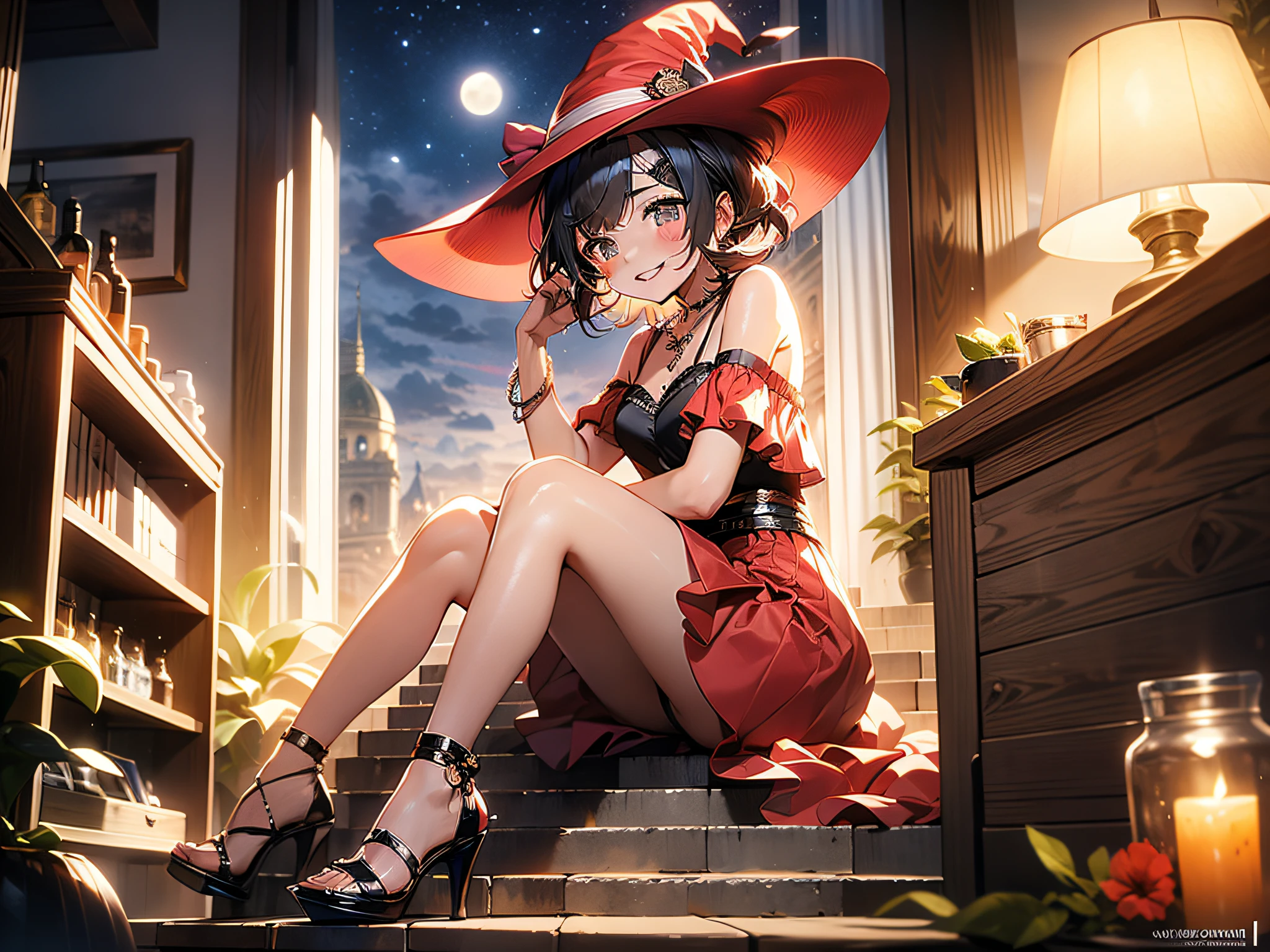 in 8K、top-quality、masterpiece、ultra-detailliert、Ultra-high resolution、Anime style、One Witch、witch's hat、Fly in the sky on a big broom、natta、fullmoon、a short bob、makeup、eyeshadows、red lipsticks、a necklace、A bracelet、anklets、manicure、Red high heels、Red face、Smile bewitchingly