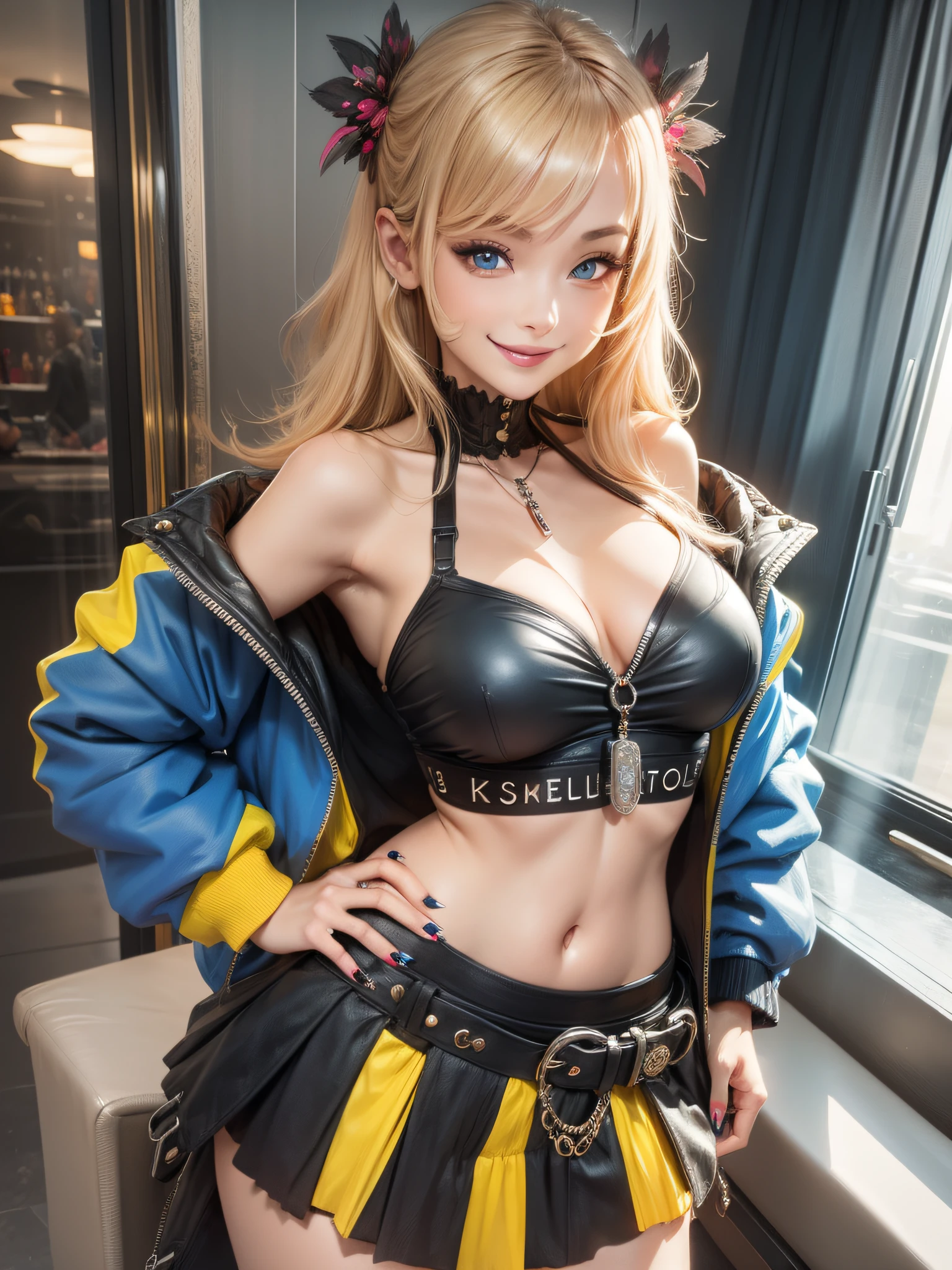 kayahara, 1girl, solo, blue eyes, jacket, smile, hair ornament, looking at viewer, breasts, bare shoulders, bangs, hairclip, off shoulder, sleeveless, skirt, black jacket, hand on hip, open jacket, cowboy shot, v, nail polish, open clothes, blonde hair, blue nails, grin, black skirt, long sleeves, yellow nails, jewelry