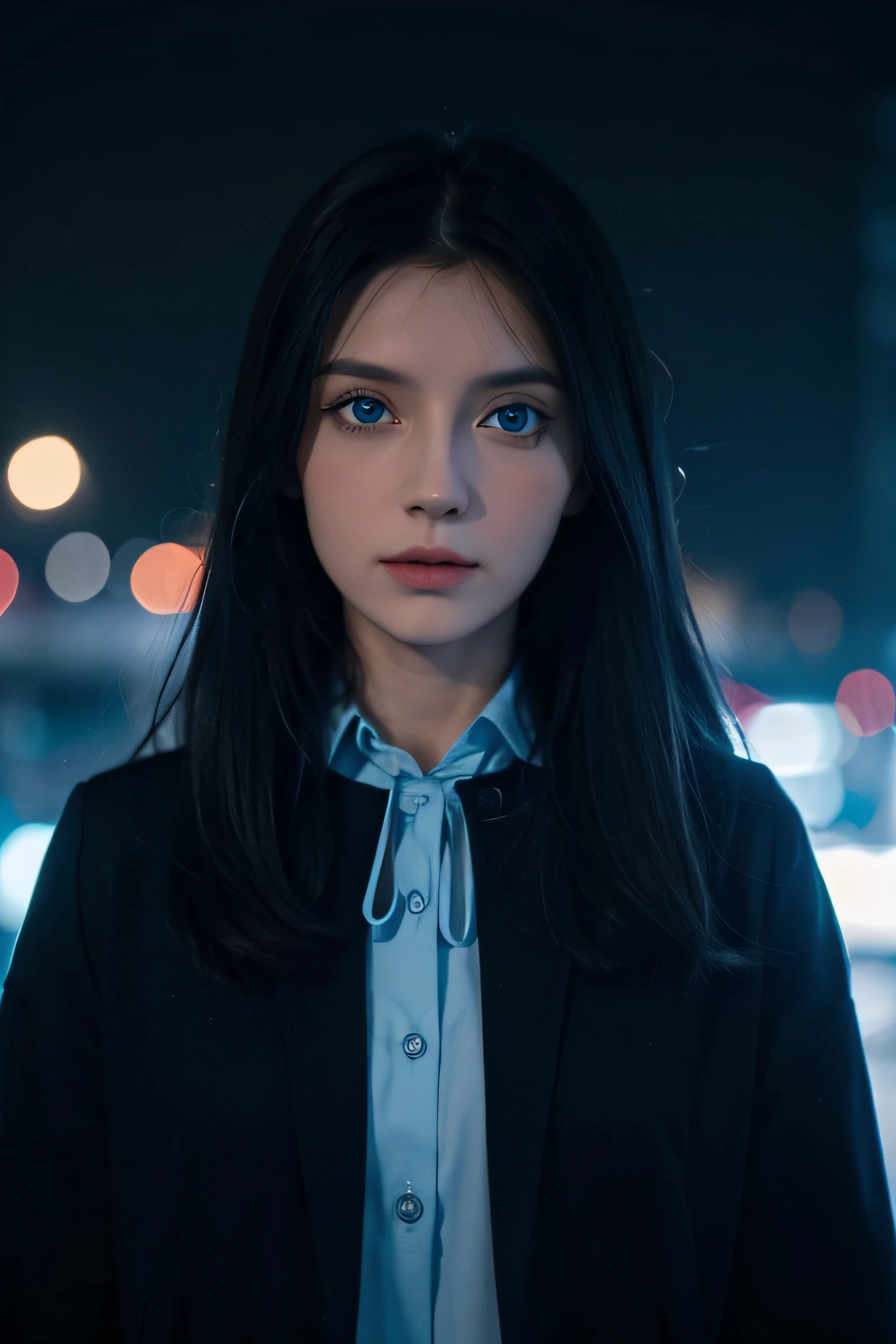 1 djevojka, kratka crna kosa, blue eyes, bijela majica, grad, visoka rezolucija, sharply, 8k, a look at the observer