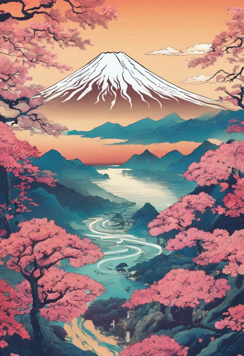 Mount Fuji, Honshu Island, (illustration: 1.0), epic composition, realistic lighting, high-definition detail, masterpiece, best quality, (very detailed CG unified 8k wallpaper), 1 man