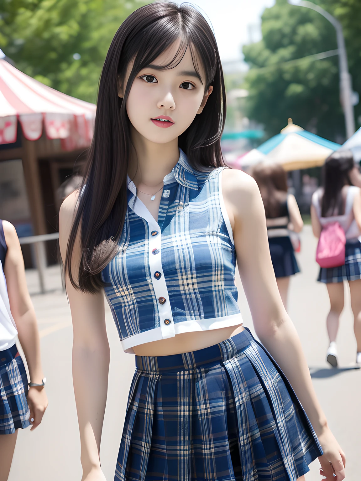 年轻，(pleatedskirt，Blue plaid mini skirt)，Sleeveless shirt，teens girl，Delicate body，petite body，small tits，tiny chest，A dark-haired，Very Longhair，An amusement park，((tthin eyebrows))
