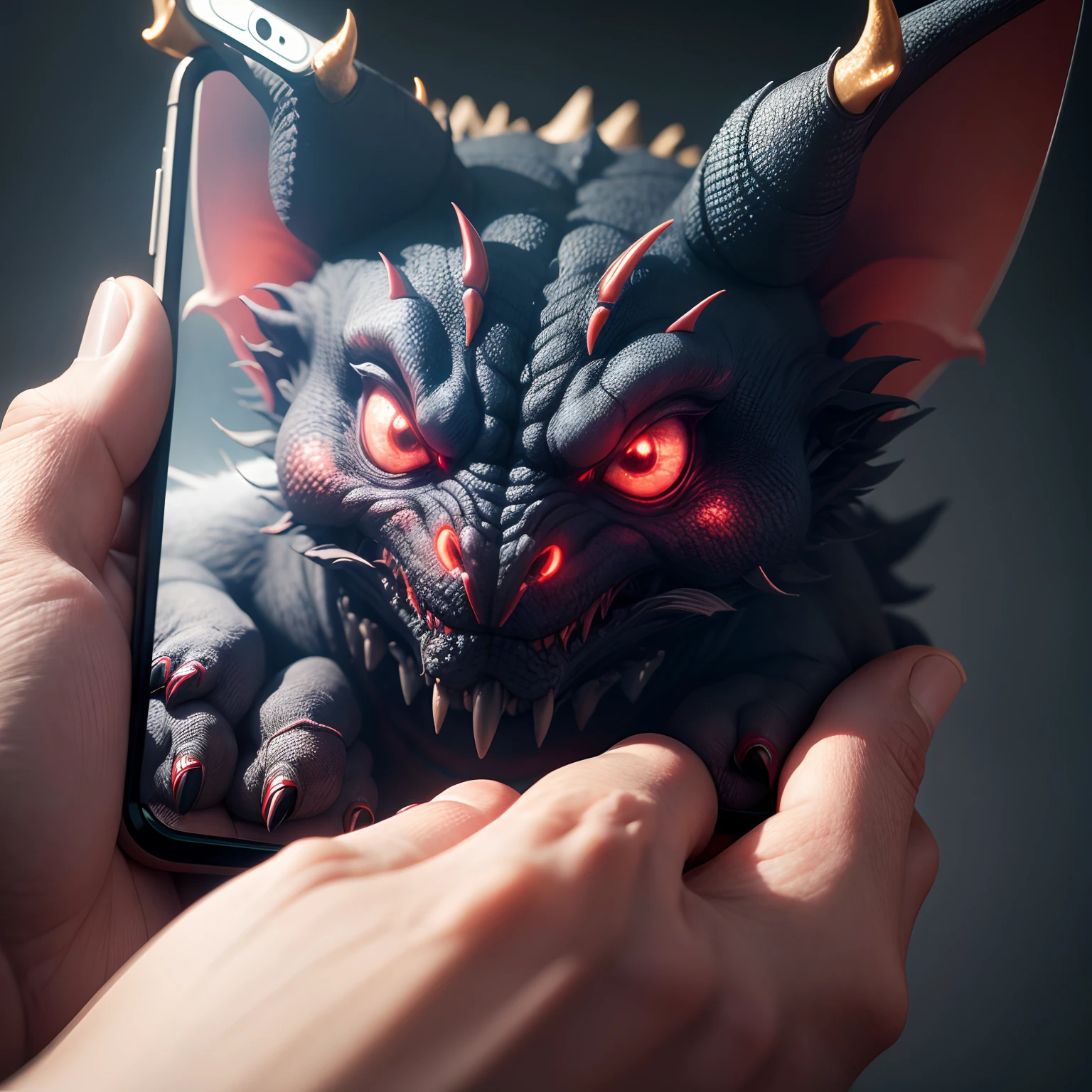8k high resolution image of a hand holding a cell phone the screen of my cell phone has a demon monster