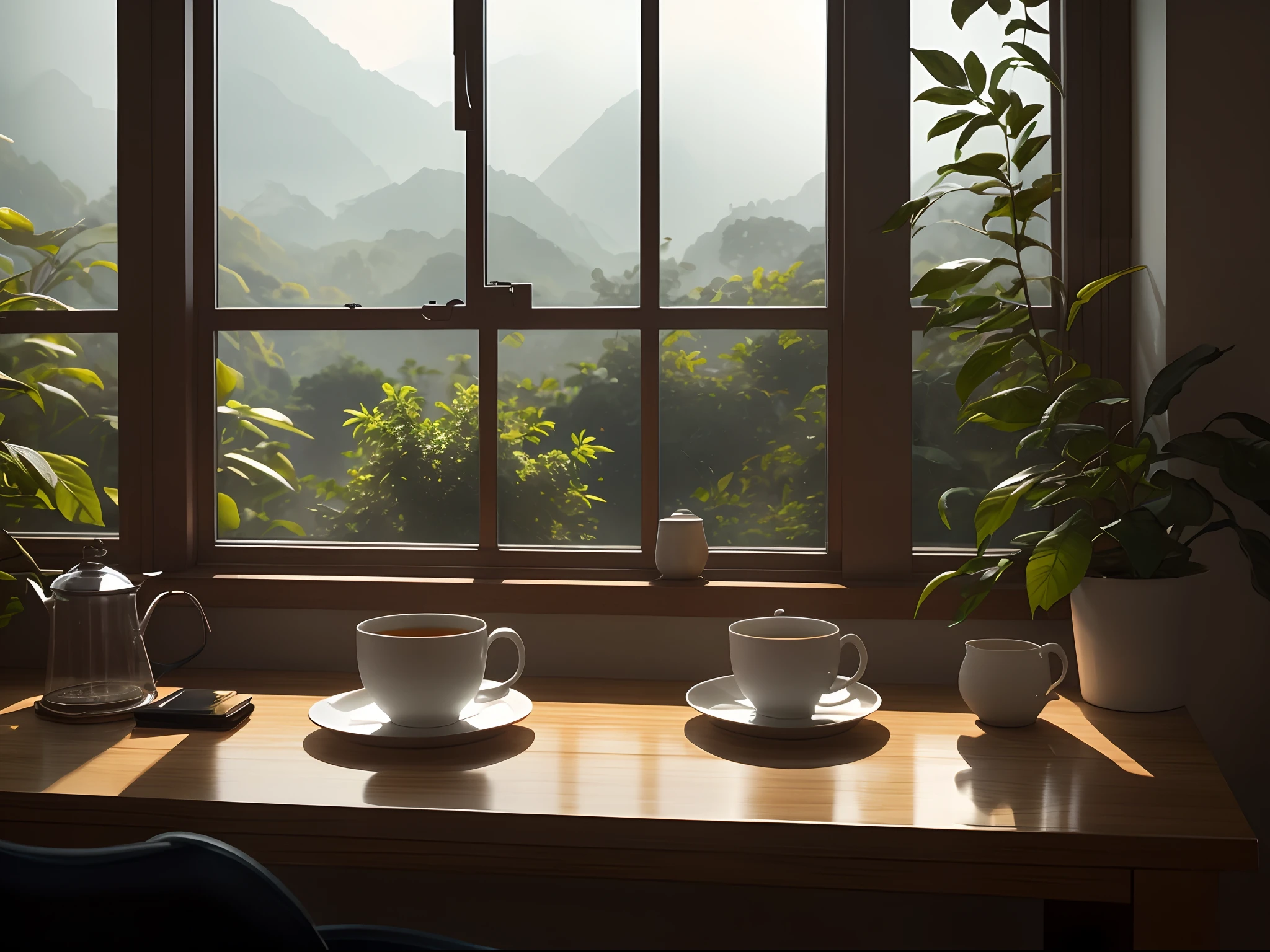 A cup of tea on an office table with a window in the background, cinematic scene, luz perfecta, beautiful composition, realista, vegetation