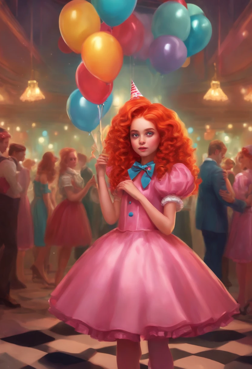 Young girl, long orange hair , grenn eyes , red bowtie , pink dress ,blue skirt , black shoes, standing in a party room with a red haired clown robot girl