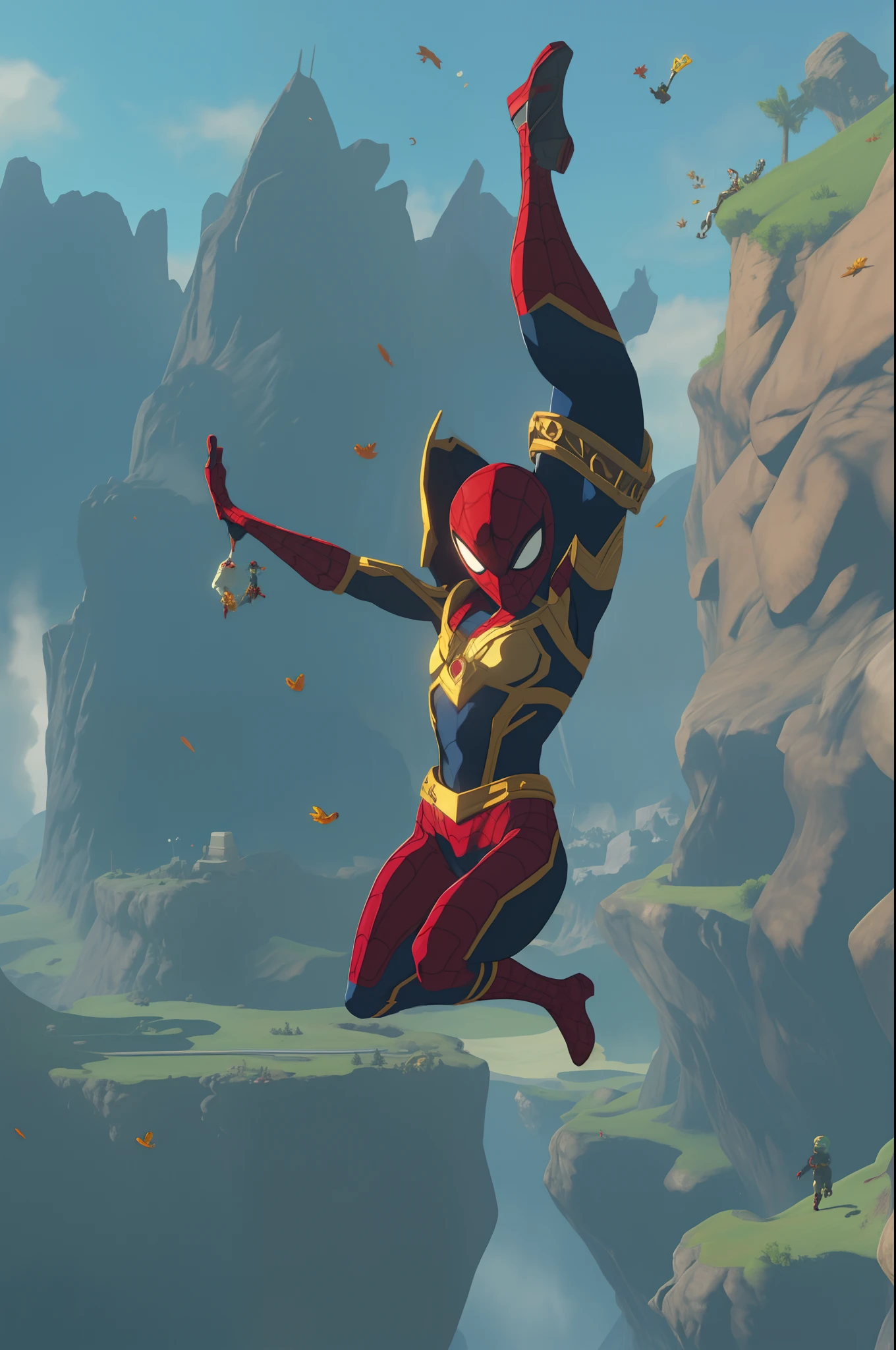marvels spider-verse a scene from a female spider women leaping of faith leaping falling from abyss stylish fall botw style