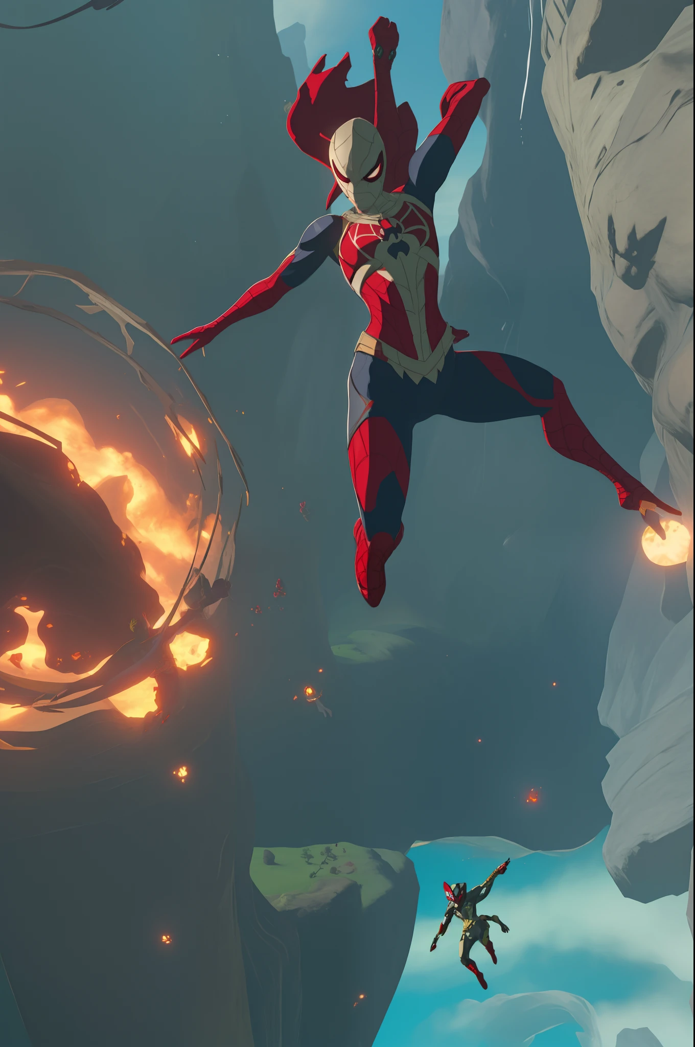 marvels spider-verse a scene from a female spider women leaping of faith leaping falling from abyss stylish fall  botw style