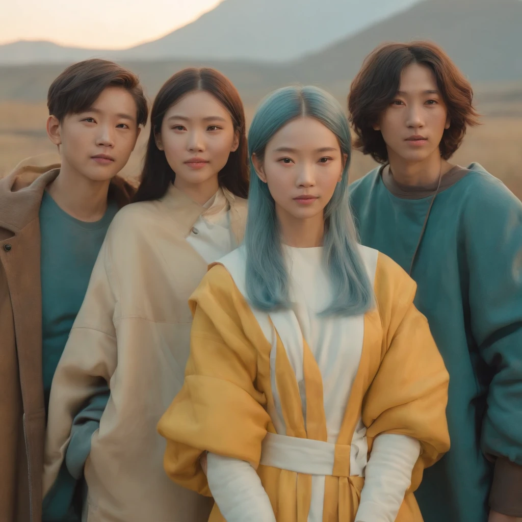 "8k quality, Group portrait, Japanese anime style, Soft glow effect, grey teal yellow orange candid techwear Moebius Alphonse Mucha (akira) Japanese dynamic streetwear crew style inspired couture lookbook costume fashion photography by Vanessa Beecroft and Matthew Barney of mixed men, women, Various hairstyles and colorful differently outfits and headwear, Mechanical, exhaustion and relief, Normal ears, Smiling exhausted expressions, Sunset lights, Canon EOS R5, f/1.2, 24mm, Oil painting render style, Toriyama, Oda, Tezuka"
