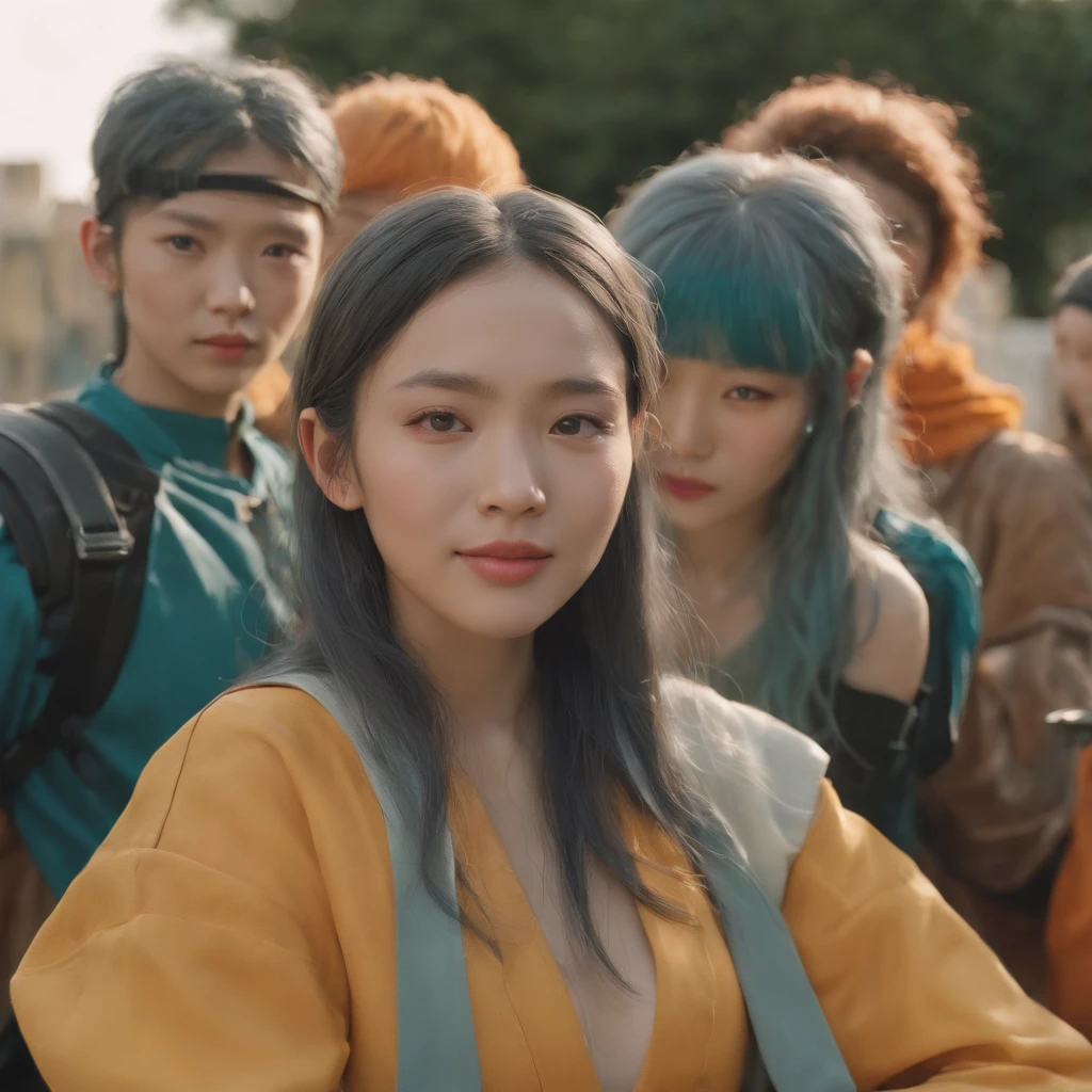 "8k quality, Group portrait, Japanese anime style, Soft glow effect, grey teal yellow orange candid techwear Moebius Alphonse Mucha (akira) Japanese dynamic streetwear crew style inspired couture lookbook costume fashion photography by Vanessa Beecroft and Matthew Barney of mixed men, women, Various hairstyles and colorful differently outfits and headwear, Mechanical, exhaustion and relief, Normal ears, Smiling exhausted expressions, Sunset lights, Canon EOS R5, f/1.2, 24mm, Oil painting render style, Toriyama, Oda, Tezuka"