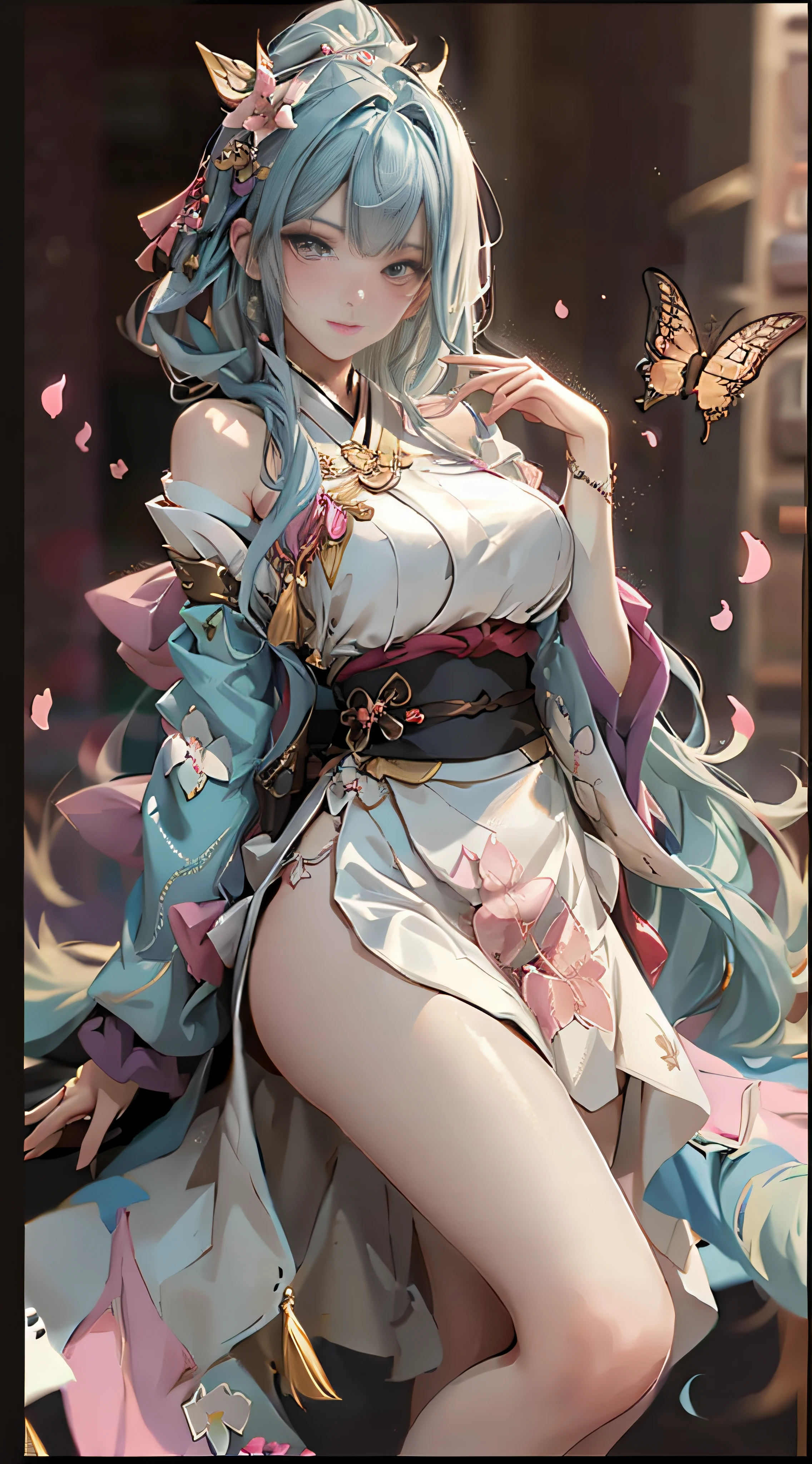 actual, , white hair, big eyes, Smile，open mouth，big breasts，glowing eyes，open lips, blush, daytime，background flowers, Orc ears，Fox fairy，Kimono decoration，Sexy，exposed，迷人的Smile，Half-length kimono，white fox ears，White pink fox tail，High thigh slit，，Beautiful background，Mature，red background，warm color，red sleeves，bright colors，white hair，Lying in bed