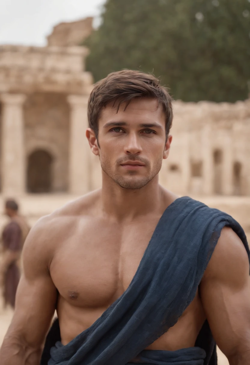 arafed man in a blue thong is standing in front of a roman colossion, a screenshot inspired by Alexander Fedosav, dynamic action pose, reddit, massurrealism, very sexy masculine, in a coliseum, mid-shot of a hunky, roman gladiator, strong masculine features, muscular men, musculous, in an arena pit, insanely handsome male, short messy hair, tanned attractive beefy male with armor