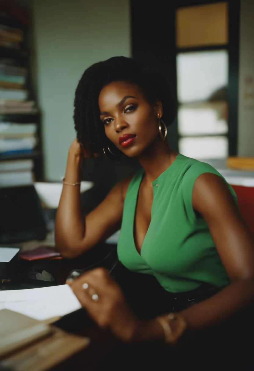 Disposable camera photo Kodak Sexy stylish black woman with big, assis dans un bureau