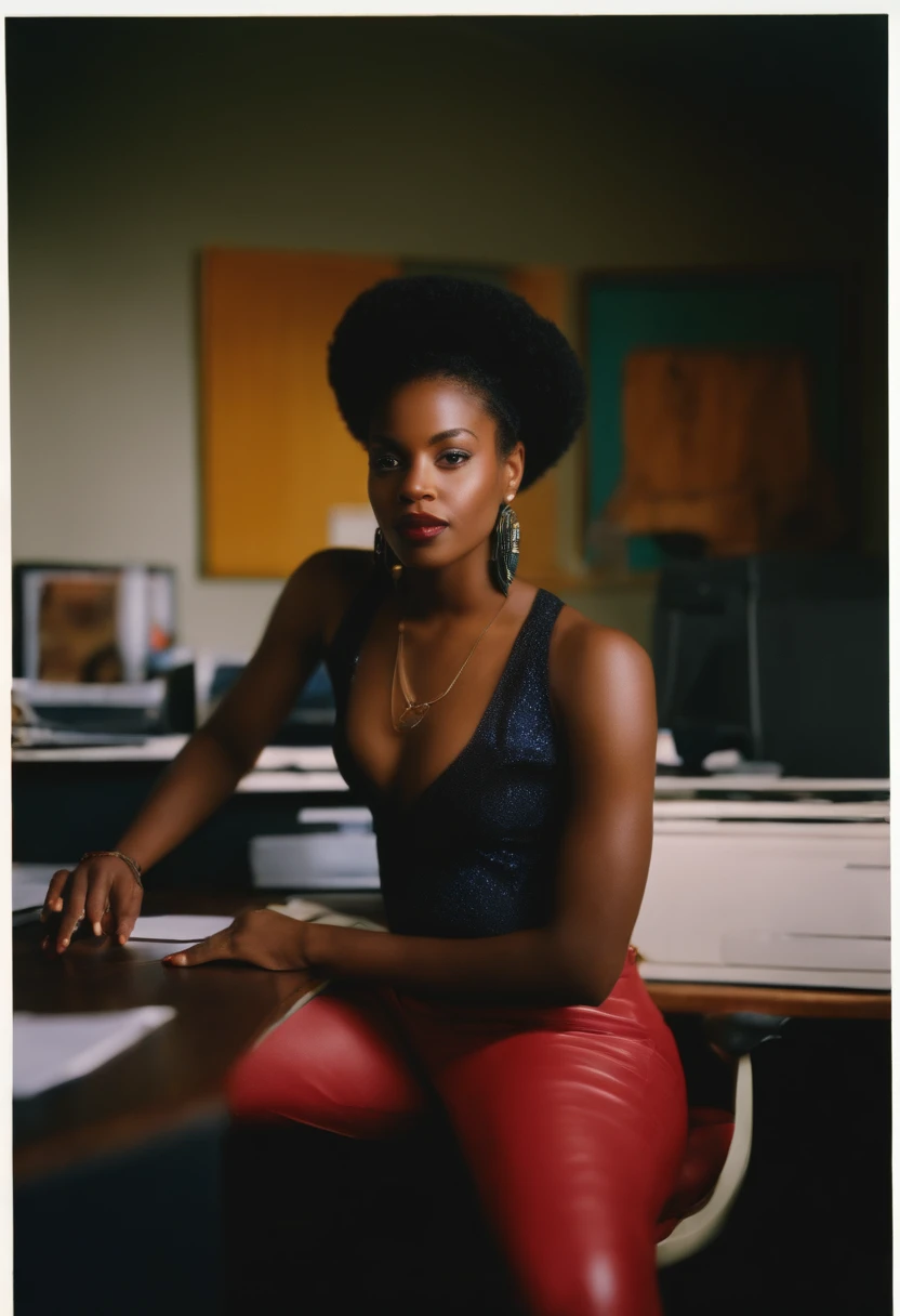 Disposable camera photo Kodak Sexy stylish black woman with big, assis dans un bureau
