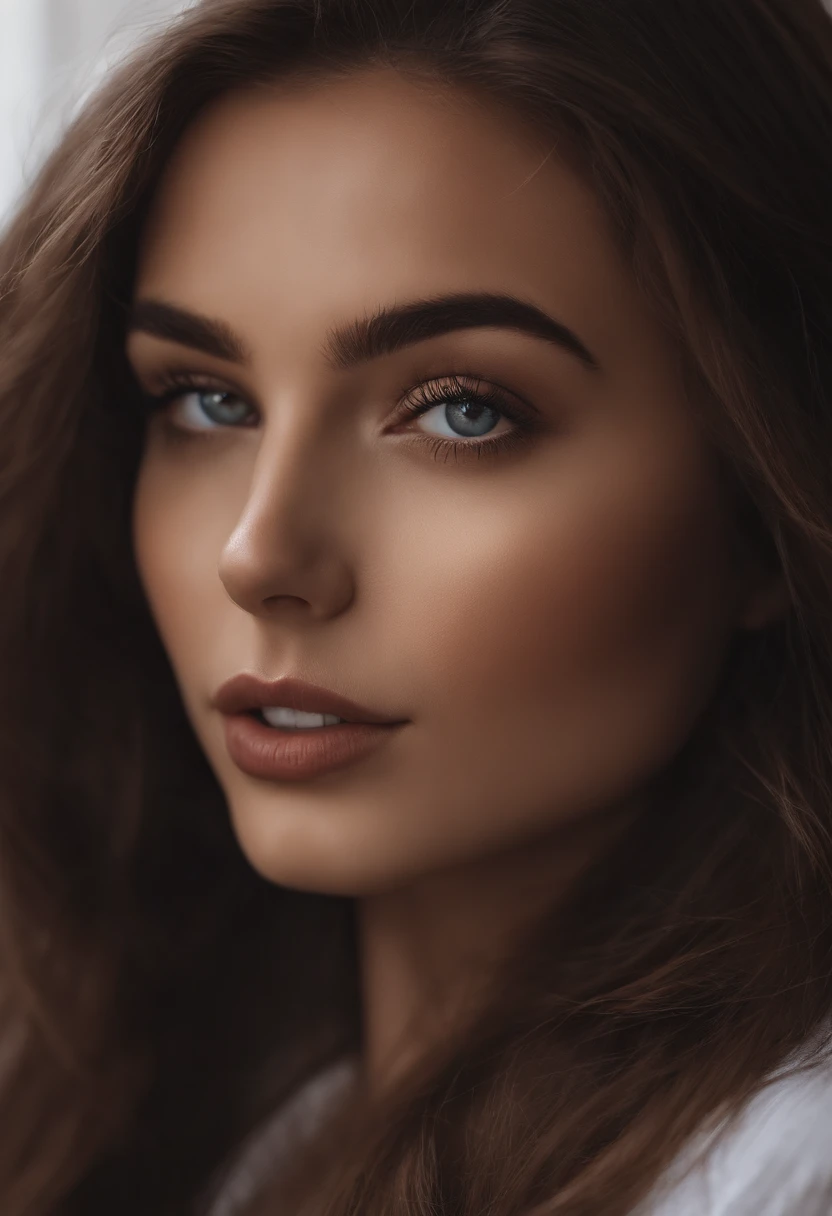 Arafed woman completely , fille sexy aux yeux bruns, ultra realist, Meticulously detailed, Portrait Sophie Mudd, cheveux bruns et grands yeux, selfie of a young woman, Yeux de chambre, Violet Myers, sans maquillage, maquillage naturel, looking straight at camera, Visage avec Artgram, Maquillage subtil, Great photo of the whole body kneeling on the bed, dans la chambre, Medium to large bust