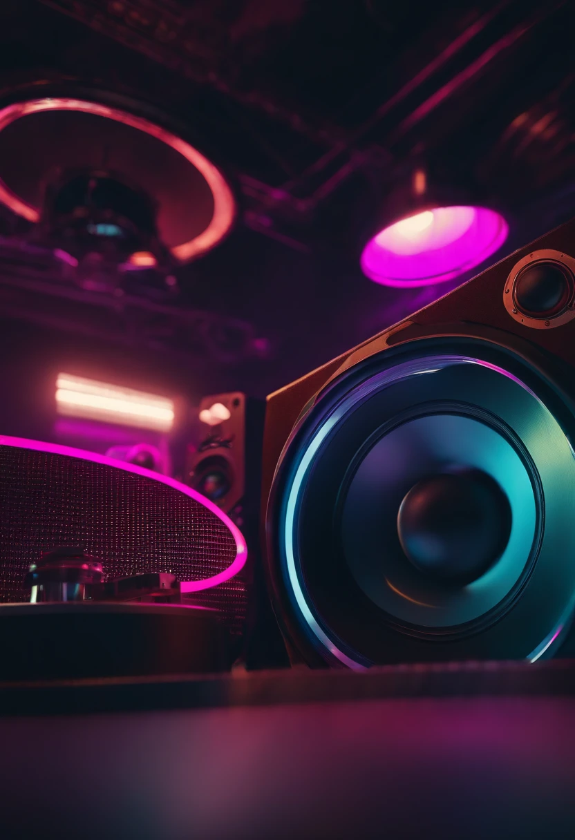 (speakers low perspective, see from below, high detail, realistic, punk, sci-fi:1.1,synthwave:0.9,retro:0.9,noir:1.1,photorealistic:1.1,vivid colors,warm lighting)