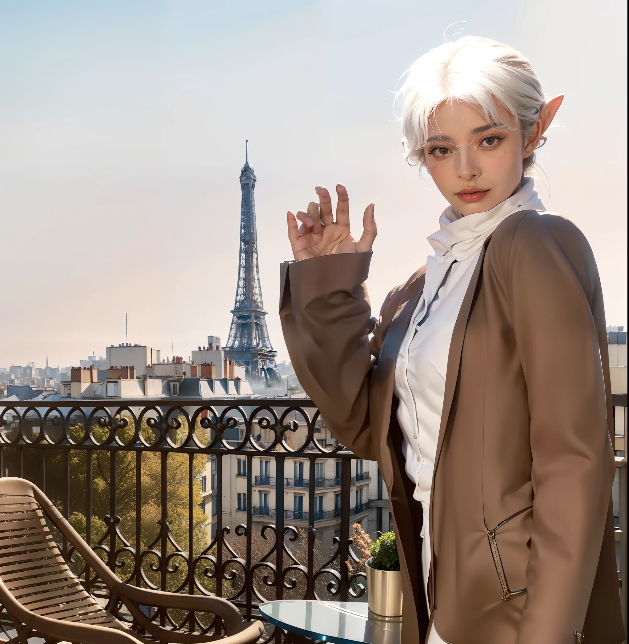 There is a woman who is standing on a balcony with a chair, inspirado em Jean Tabaud, Retrato de Paris, com vista Eiffel, ( ( pele escura ) ), elitedangerous 💙💜 ornate ︎, Avatar do Second Life, fundo de paris, inspirado em Jean-Yves Couliou, Eva Elfie, em Paris, inspirado em Gaston Anglade, cidade em segundo plano