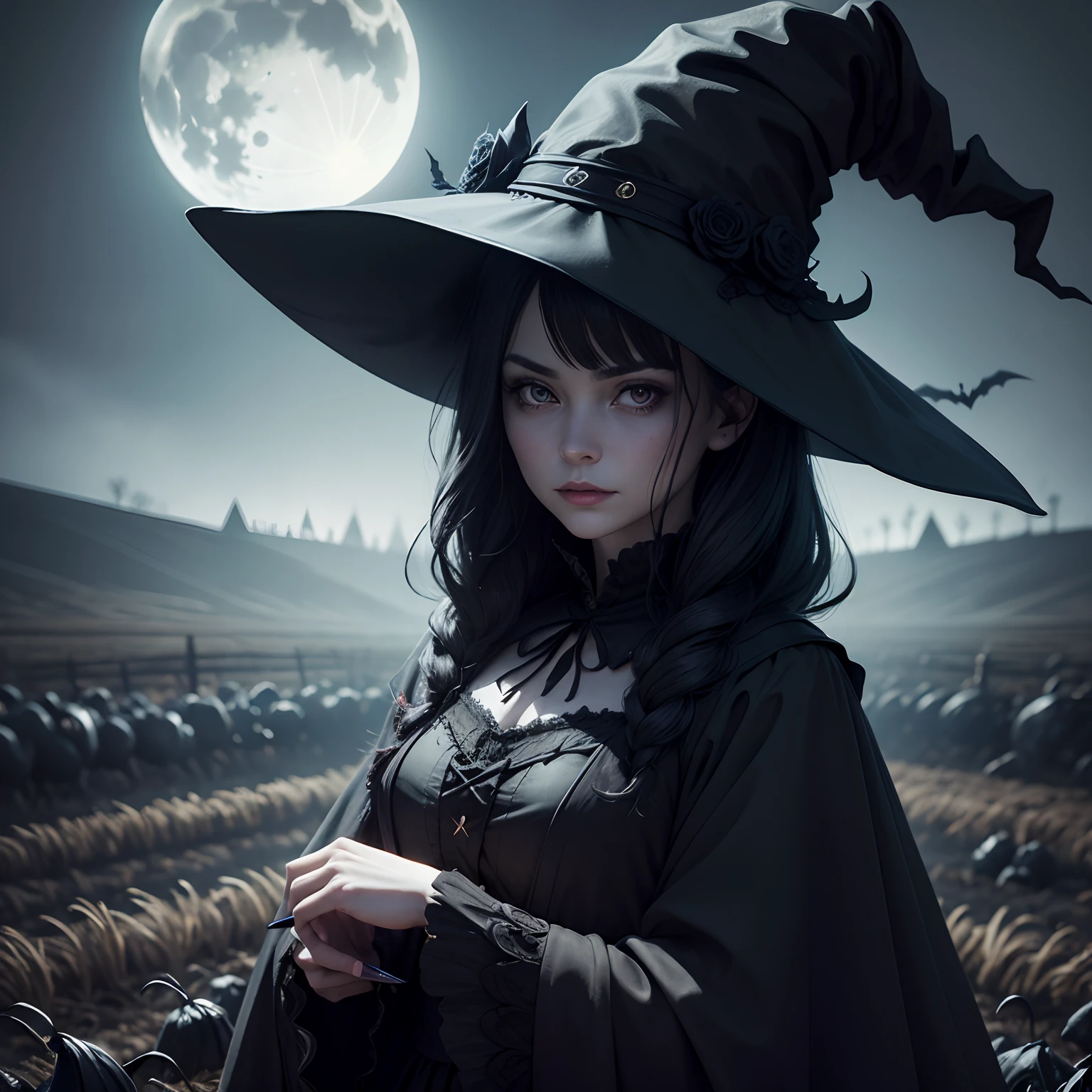 **dark sinister Julie Lagier, evil creepy scary Holloween Witch styled Figures made Of piezoelectric tape, uplift, downlit, and rim lighting, night very dark haunted farmland with moon in background --ar 9:16 --s 750 --v 5.2