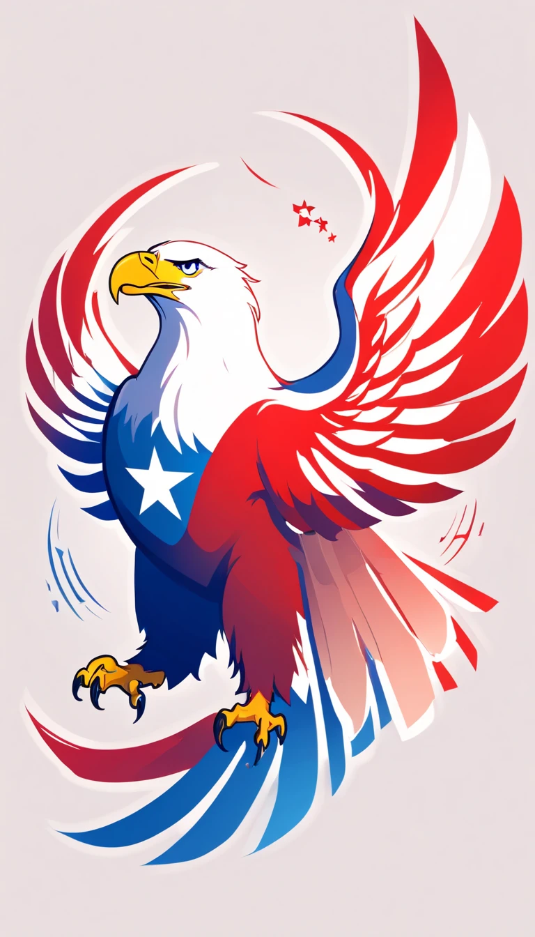 ((minimalist eagle logo)), An American eagle in the shape of a the American flag with a music note incorporated , red white & blue, incorporate a big perfect music note