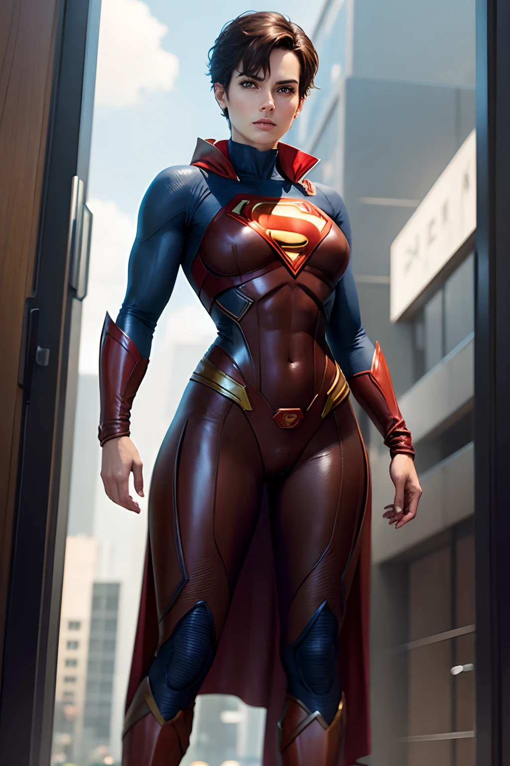 body well dressed in a brown leather outfit, Female, movie man of steel, superman, hair pixie, full body