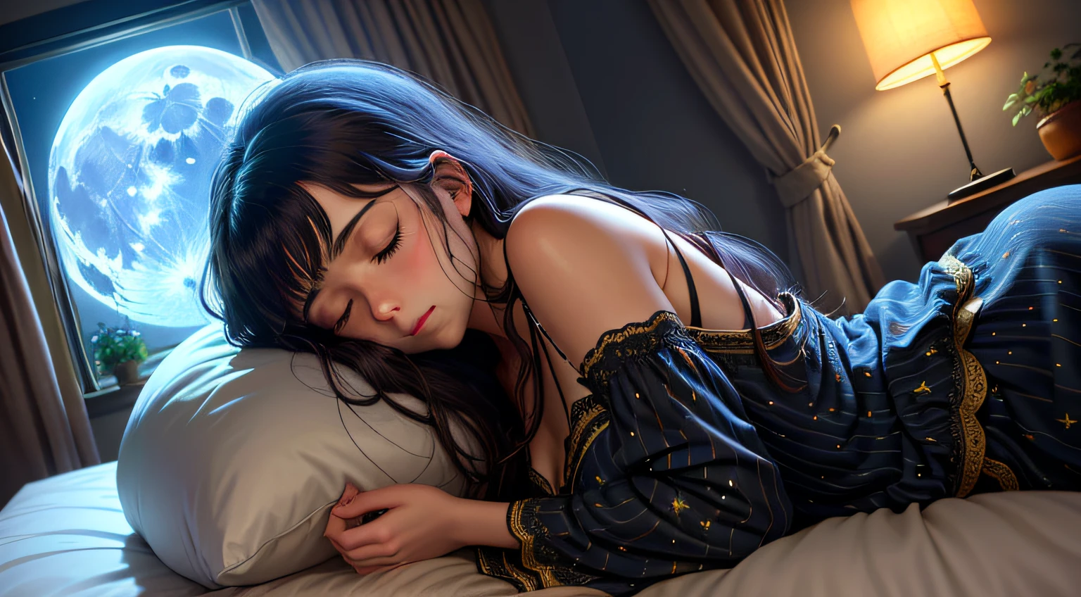 Imagine a soft, soothing illustration of a Beautiful girl was sleeping on a comfortable bed, eyes closed, black pajamas. The room is plunged into darkness, except for soft light emanating from a bedside lamp near the bed, qui jette une lueur chaleureuse sur son visage paisible. Through the half-open window, The Starry Night Stretches Out, full moon, creating a magical contrast between the peaceful interior and the mysterious outside world. Light curtains move slightly with the night breeze, adding a touch of movement to this tranquil scene.