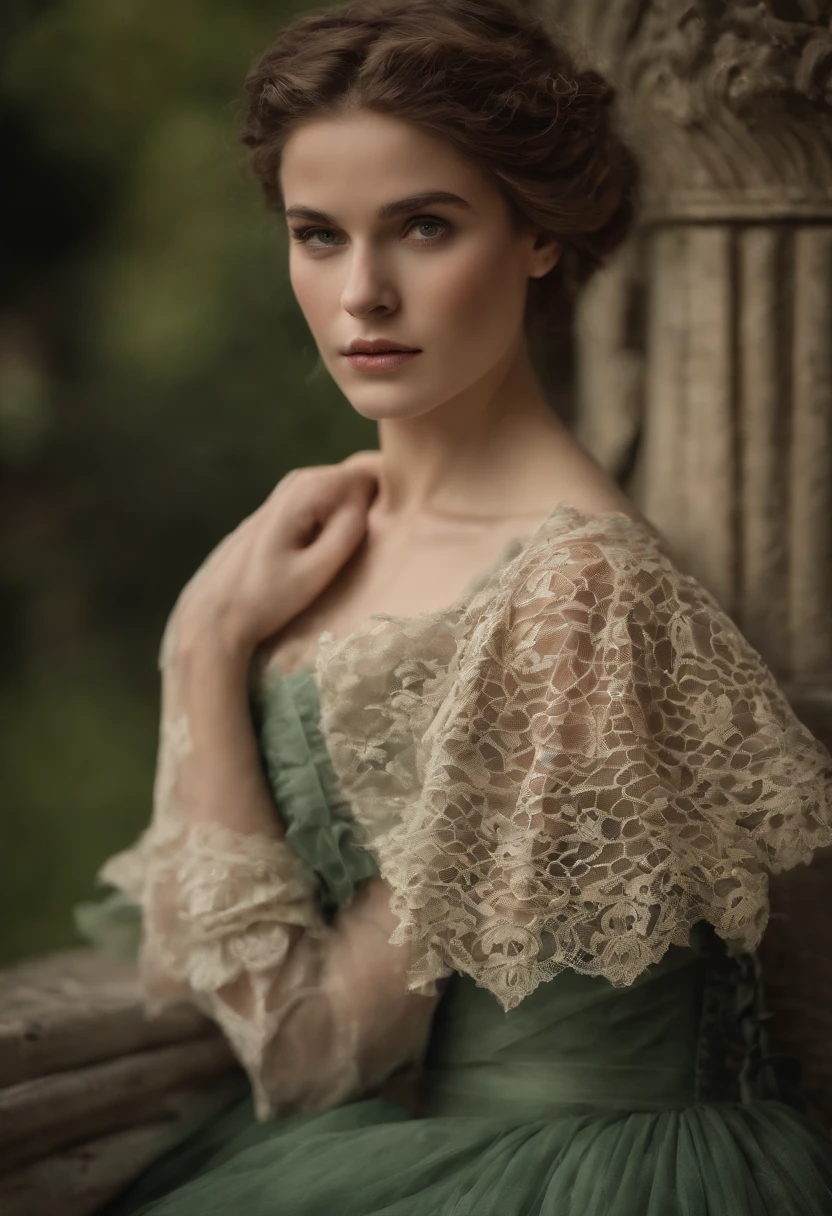 ((Quality work)), les lignes sont claires et concises, The green dress and the beautiful pleated lace complement each other, which enriches the superposition of the whole image, The graceful Edwardian lace dress and princess skirt add a lot to the character, The gesture with the back of the hand behind , It also shows the soft and elegant side of women..