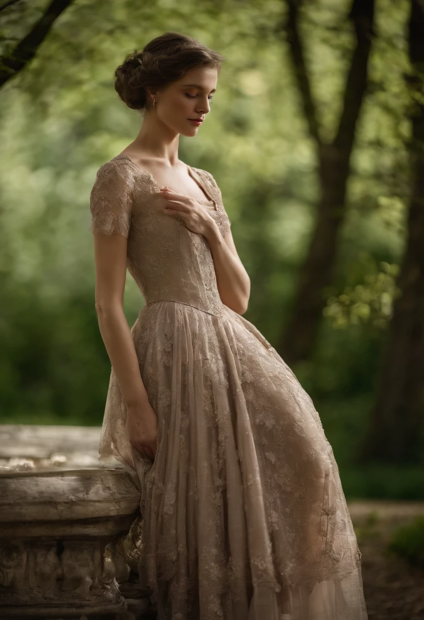 ((Quality work)), les lignes sont claires et concises, The green dress and the beautiful pleated lace complement each other, which enriches the superposition of the whole image, The graceful Edwardian lace dress and princess skirt add a lot to the character, The gesture with the back of the hand behind , It also shows the soft and elegant side of women..