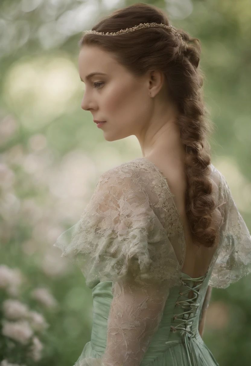 ((Quality work)), les lignes sont claires et concises, The green dress and the beautiful pleated lace complement each other, which enriches the superposition of the whole image, The graceful Edwardian lace dress and princess skirt add a lot to the character, The gesture with the back of the hand behind , It also shows the soft and elegant side of women..