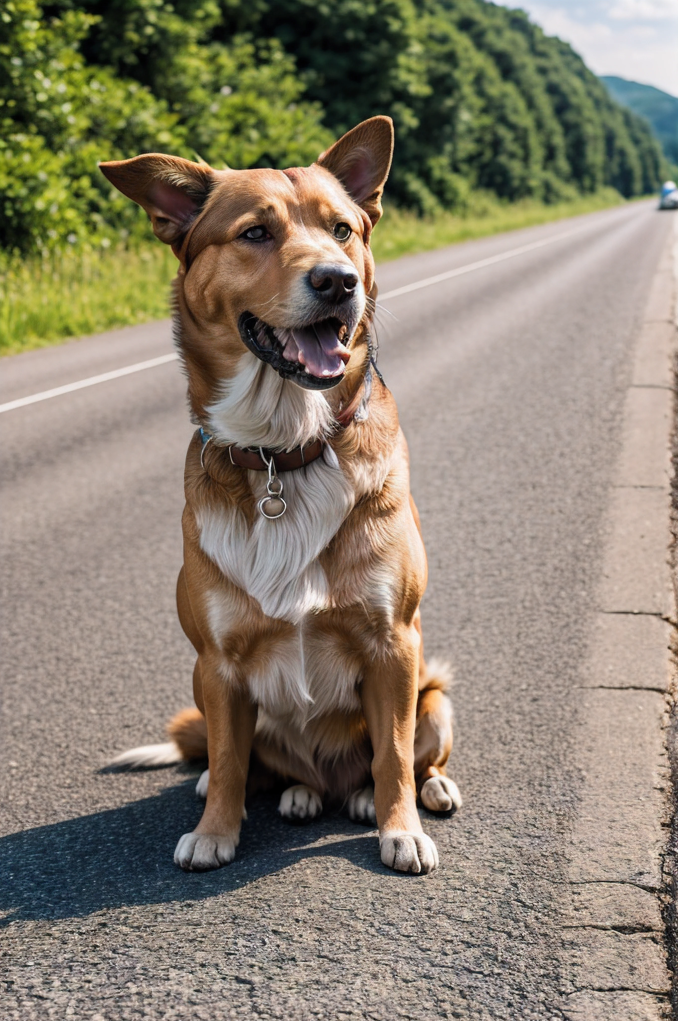 hihg quality, high detailed, RAW photo, dog on the road, summer, the sun is shining, scattered light, high details of the environment and nature.