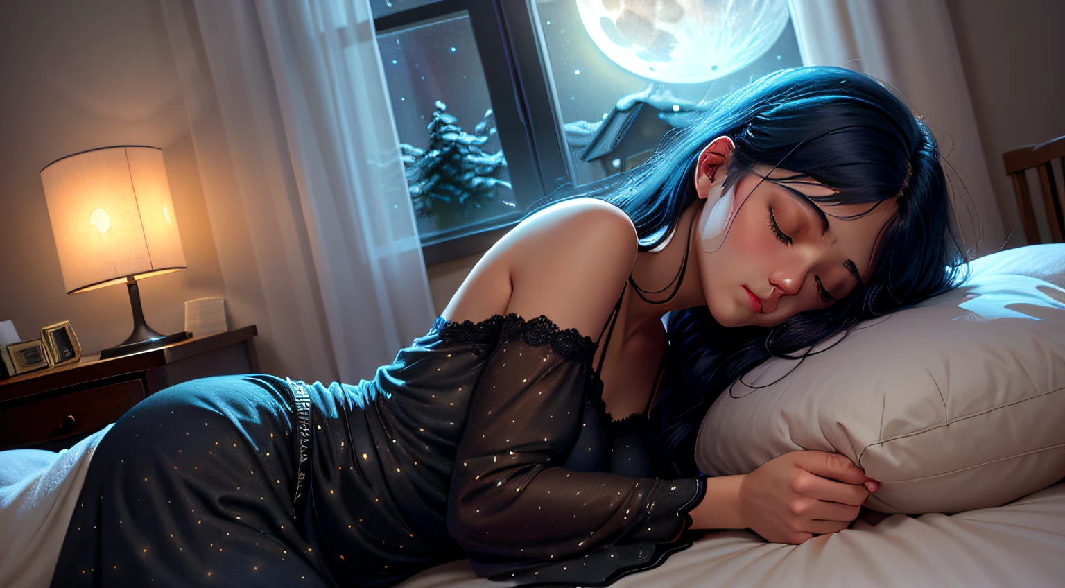 Imagine a soft, soothing illustration of a Beautiful girl was sleeping on a comfortable bed, eyes closed, black pajamas. The room is plunged into darkness, except for soft light emanating from a bedside lamp near the bed, qui jette une lueur chaleureuse sur son visage paisible. Through the half-open window, The Starry Night Stretches Out, full moon, creating a magical contrast between the peaceful interior and the mysterious outside world. Light curtains move slightly with the night breeze, adding a touch of movement to this tranquil scene.