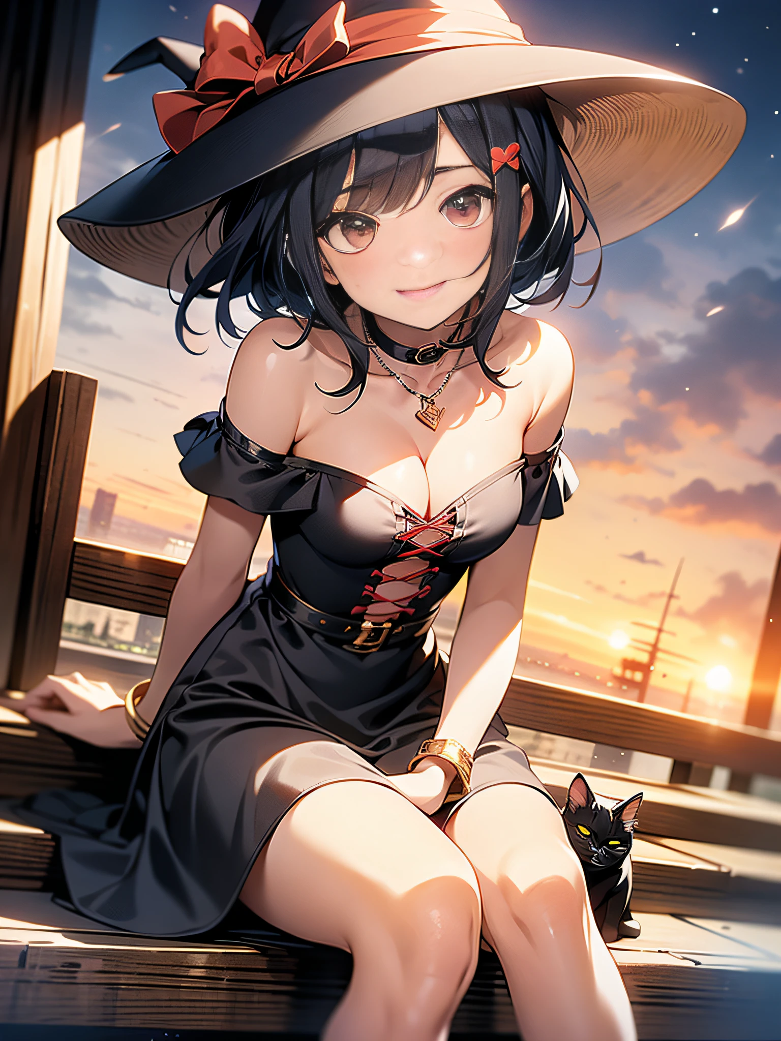 in 8K、top-quality、​masterpiece、ultra-detailliert、Ultra-high resolution、Anime style、One Witch、witch's hat、Sit on the roof、Holding a black cat、natta、fullmoon、a short bob、makeup、eyeshadows、red lipsticks、Black dress、a necklace、A bracelet、anklets、manicure、Red high heels、Red face、Smile bewitchingly