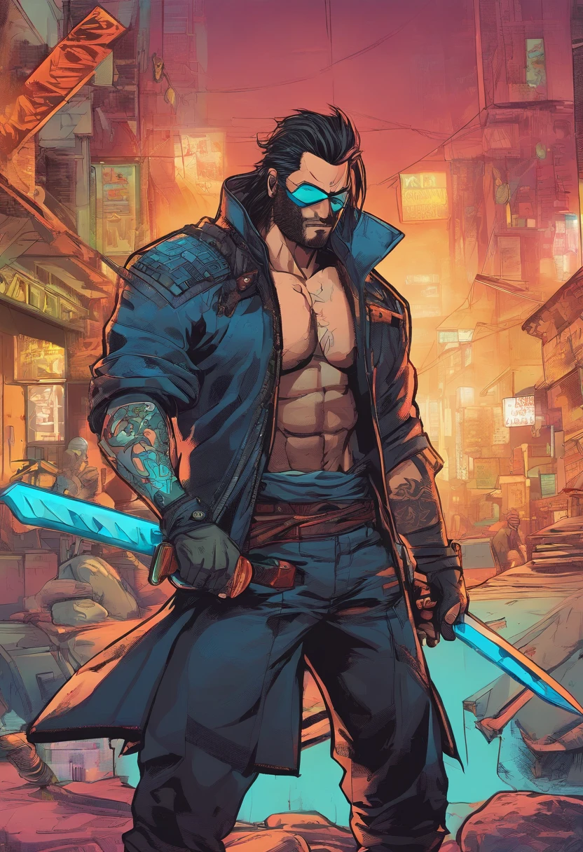 Man with a mask and holding a sword, katana, imagem de um guerreiro masculino adulto, Hanzo de Overwatch, Johnny Silverhand, badass anime 8 k, muscular male hero, samurai Cyberpunk muito bonito, Personagem de Mortal Kombat criando fogo, Retrato de um samurai Cyberpunk, samurai urbano, samurai Cyberpunk, musculoso! Cyberpunk, Ciborgue morto-vivo masculino musculoso