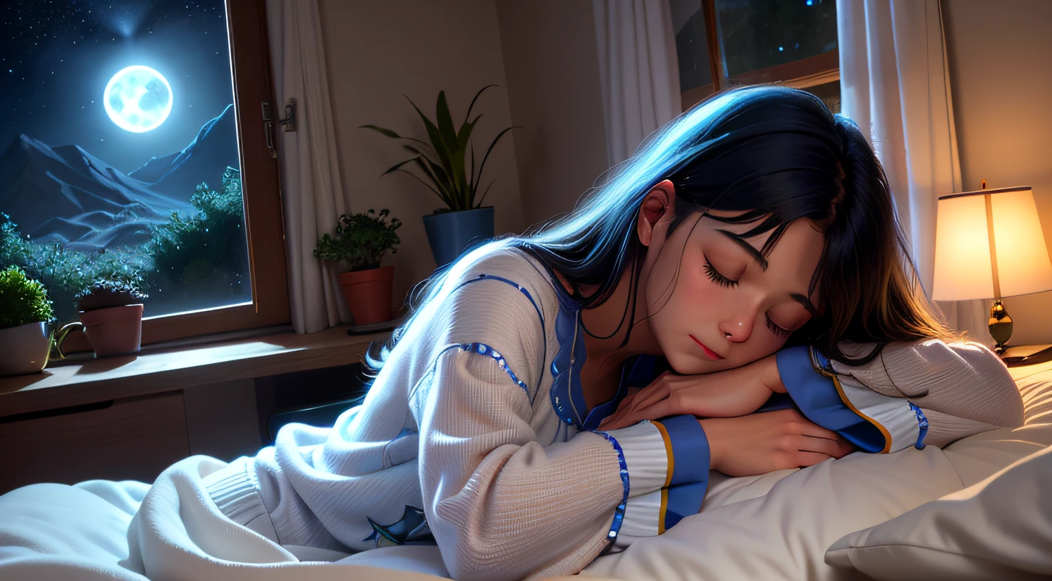 Imagine a soft, soothing illustration of a Beautiful girl was sleeping on a comfortable bed, eyes closed, blue pajamas. The room is plunged into darkness, except for soft light emanating from a bedside lamp near the bed, qui jette une lueur chaleureuse sur son visage paisible. Through the half-open window, The Starry Night Stretches Out, full moon, creating a magical contrast between the peaceful interior and the mysterious outside world. Light curtains move slightly with the night breeze, adding a touch of movement to this tranquil scene.